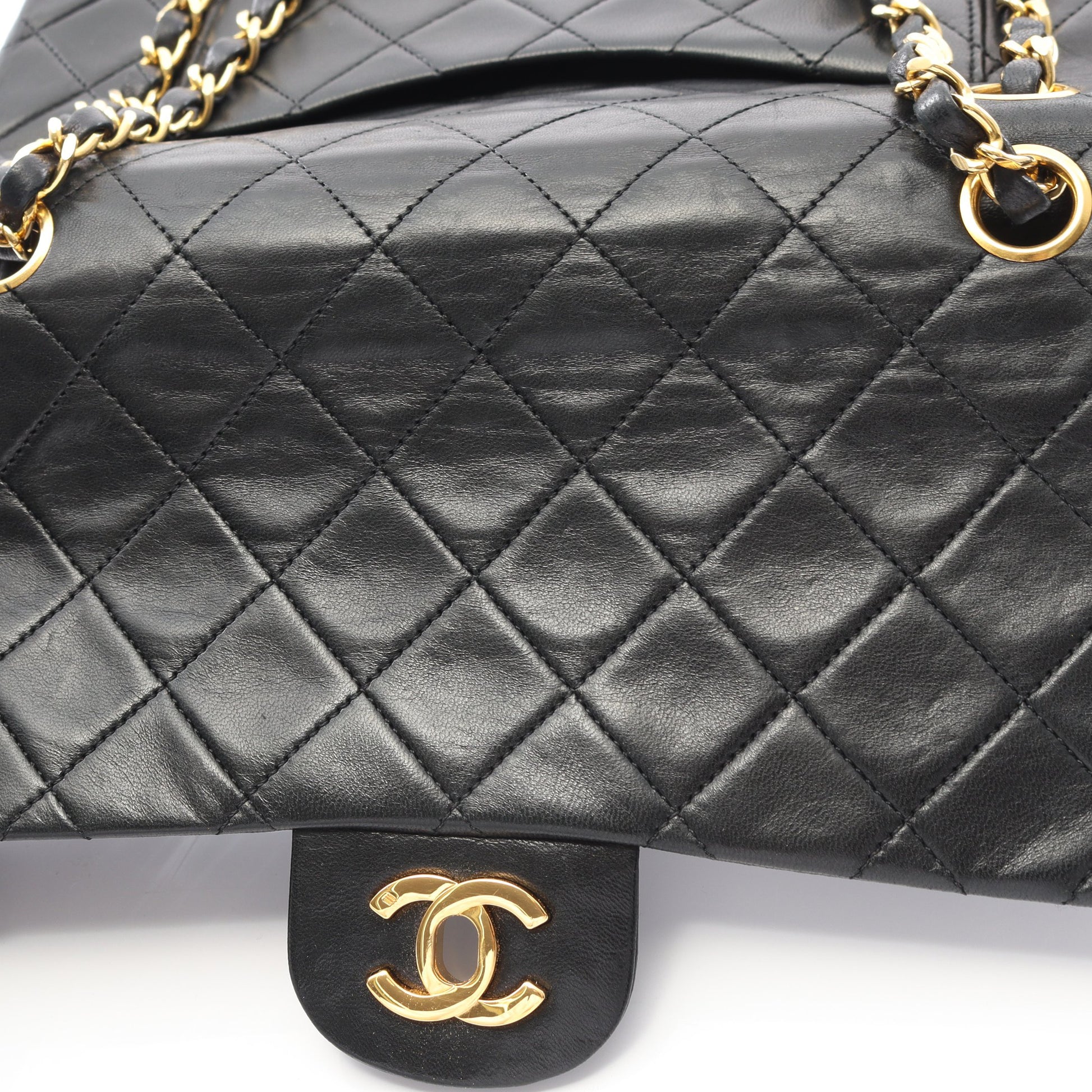 マトラッセ Wフラップ Wチェーンショルダーバッグ ラムスキン ブラック ゴールド金具 ヴィンテージ シャネル バッグ CHANEL