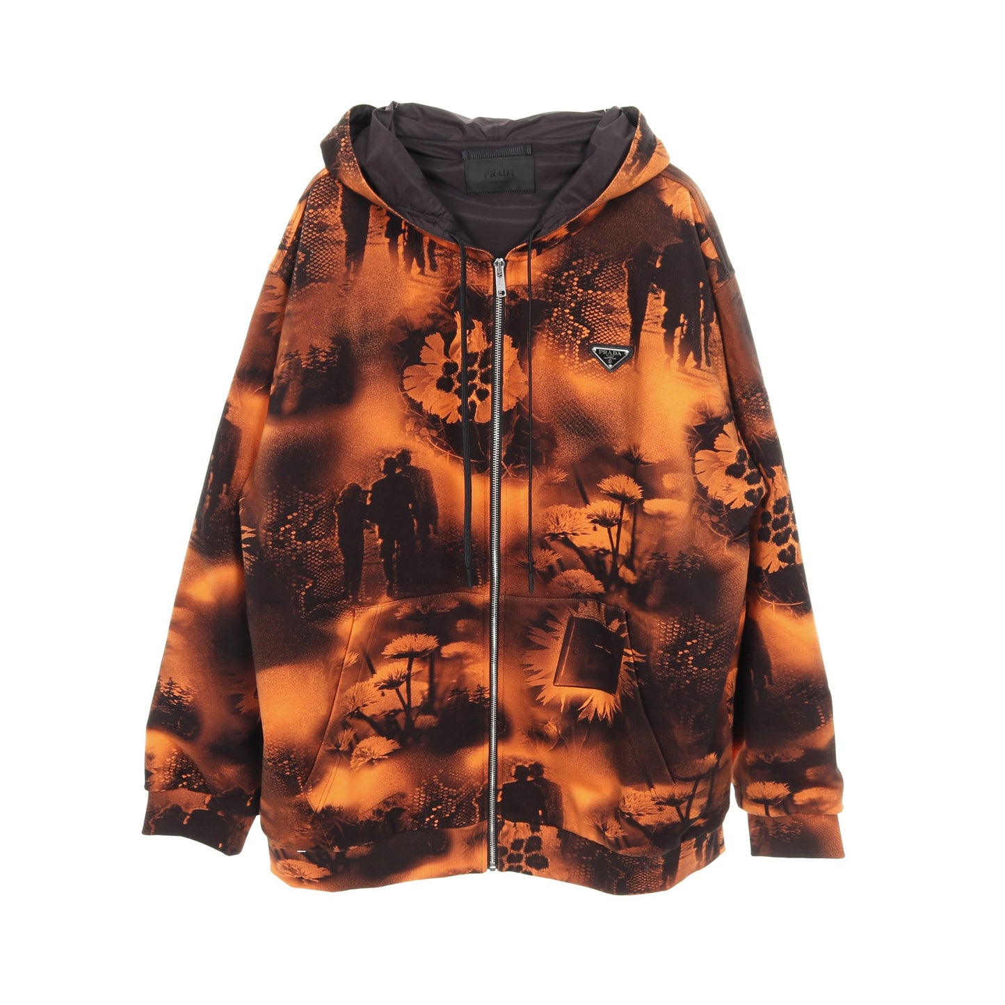 Re-Nylon ジップアップパーカー グラフィックプリント コットン オレンジ ブラック 三角プレート プラダ トップス PRADA