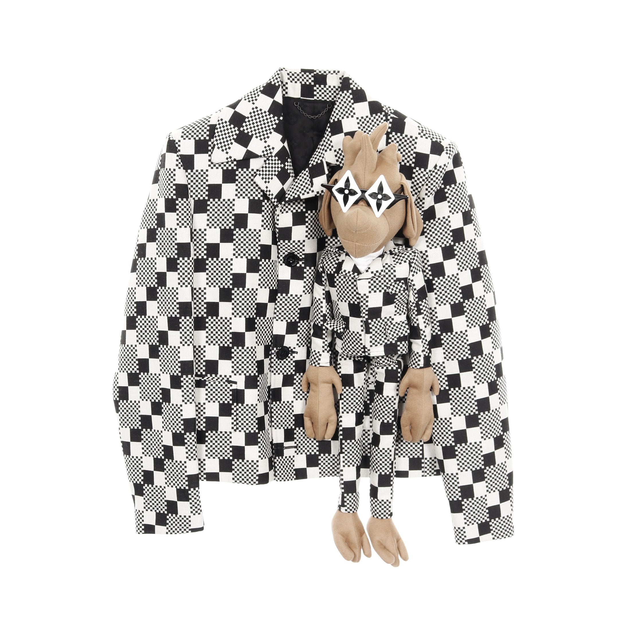 LOUIS VUITTON ダミエ ジャケット ルイヴィトン 34 LVフレンド ドッグ パペット ダミエ ジャケット ウール ブラック オフ