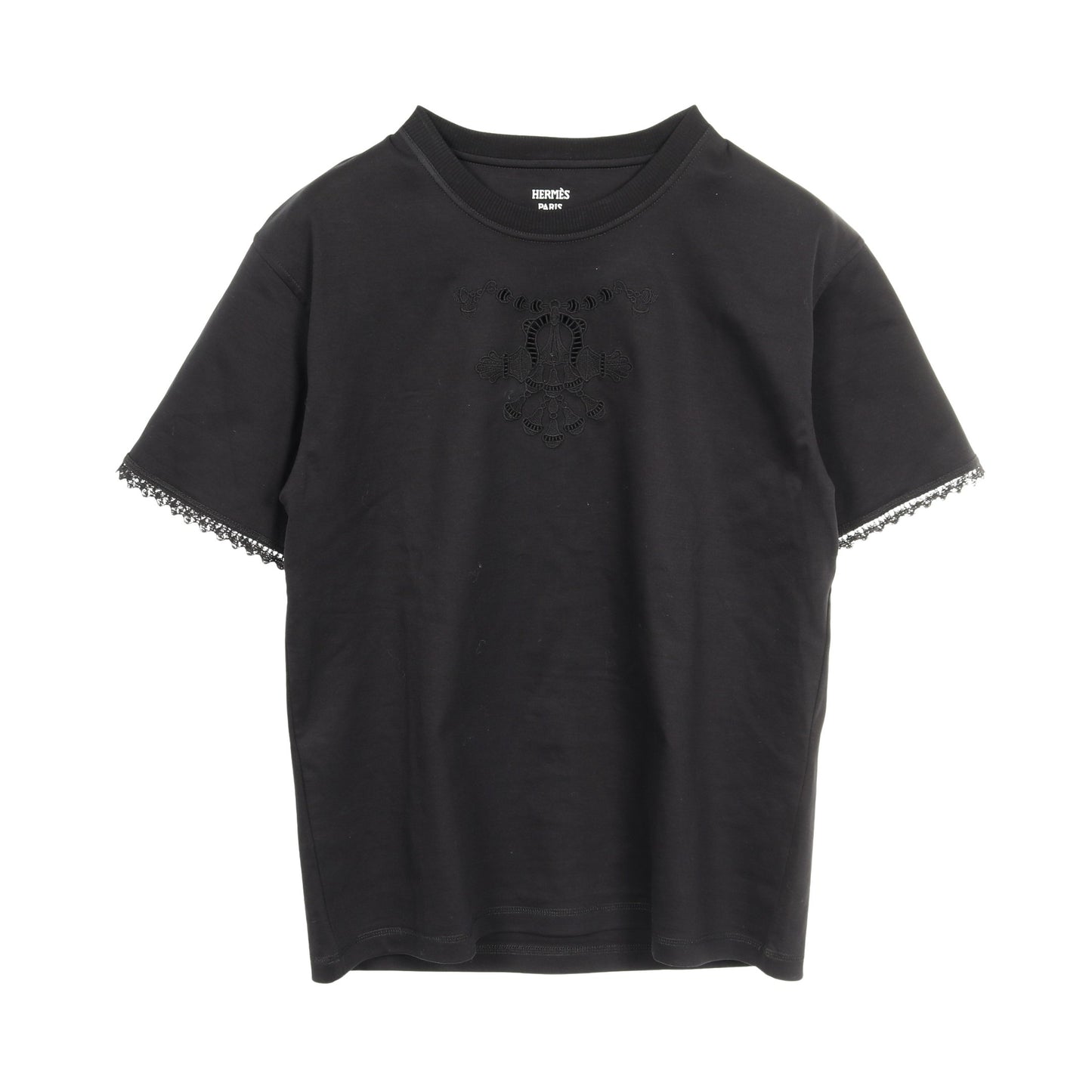 Tシャツ クルーネック 半袖 コットン ブラック レース 透かし エルメス トップス HERMES