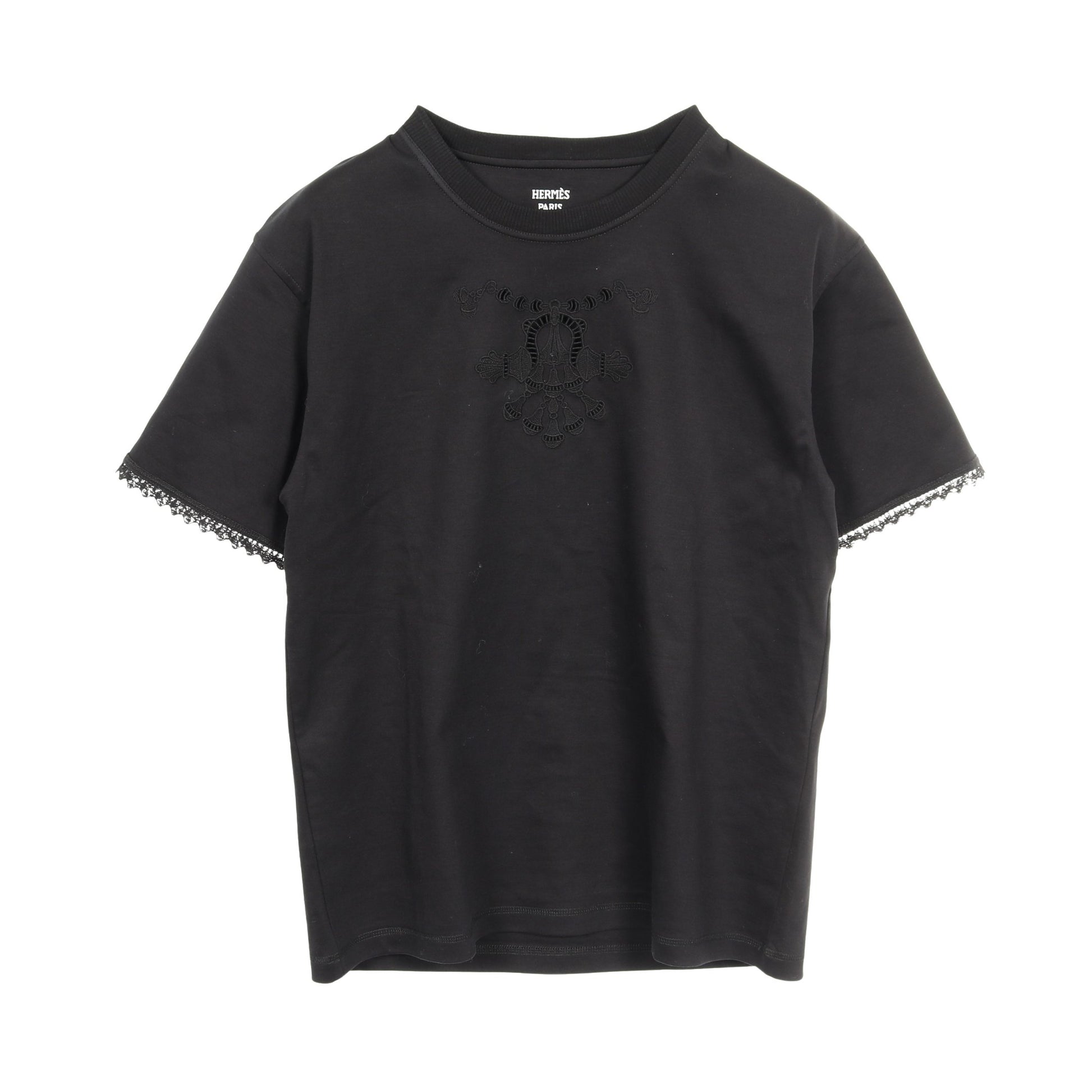 Tシャツ クルーネック 半袖 コットン ブラック レース 透かし エルメス トップス HERMES