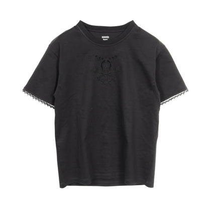 Tシャツ クルーネック 半袖 コットン ブラック レース 透かし エルメス トップス HERMES