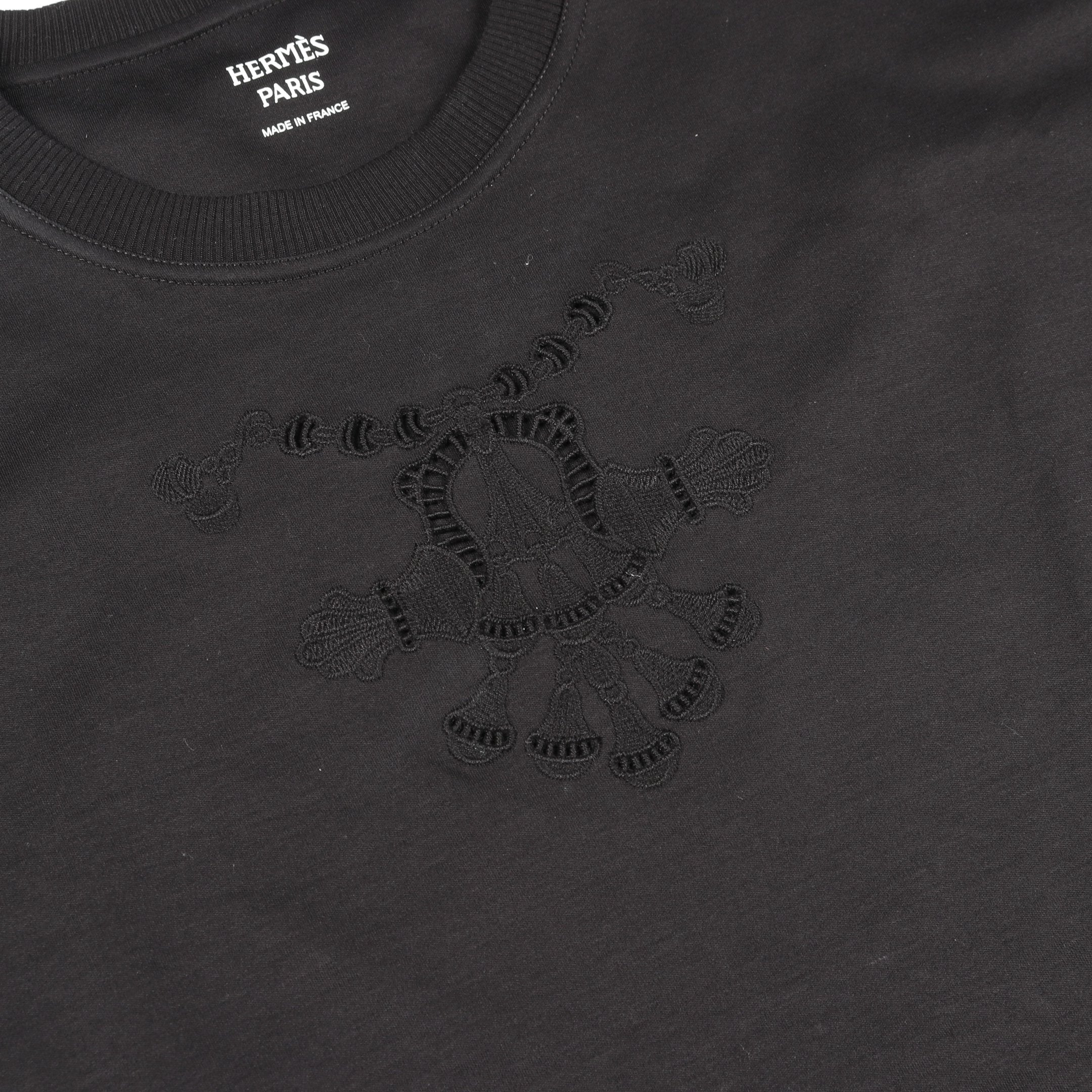 mois413 エルメス 袖 透かし ロゴ Tシャツ 黒 ブラック Tシャツ クルーネック 半袖 コットン ブラック レース 透かし エルメス