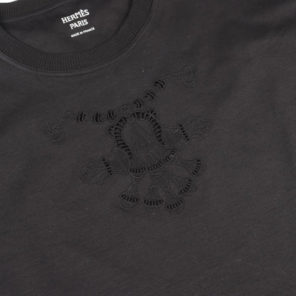 Tシャツ クルーネック 半袖 コットン ブラック レース 透かし エルメス トップス HERMES