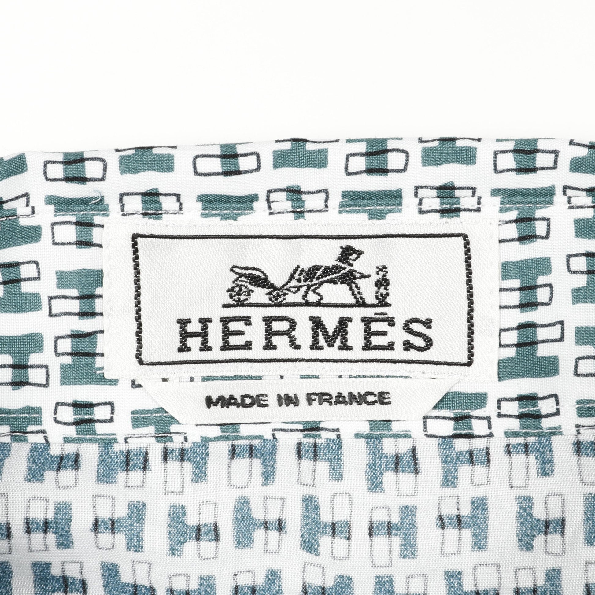H柄 セリエボタン シャツ 長袖 コットン ホワイト グリーン エルメス トップス HERMES