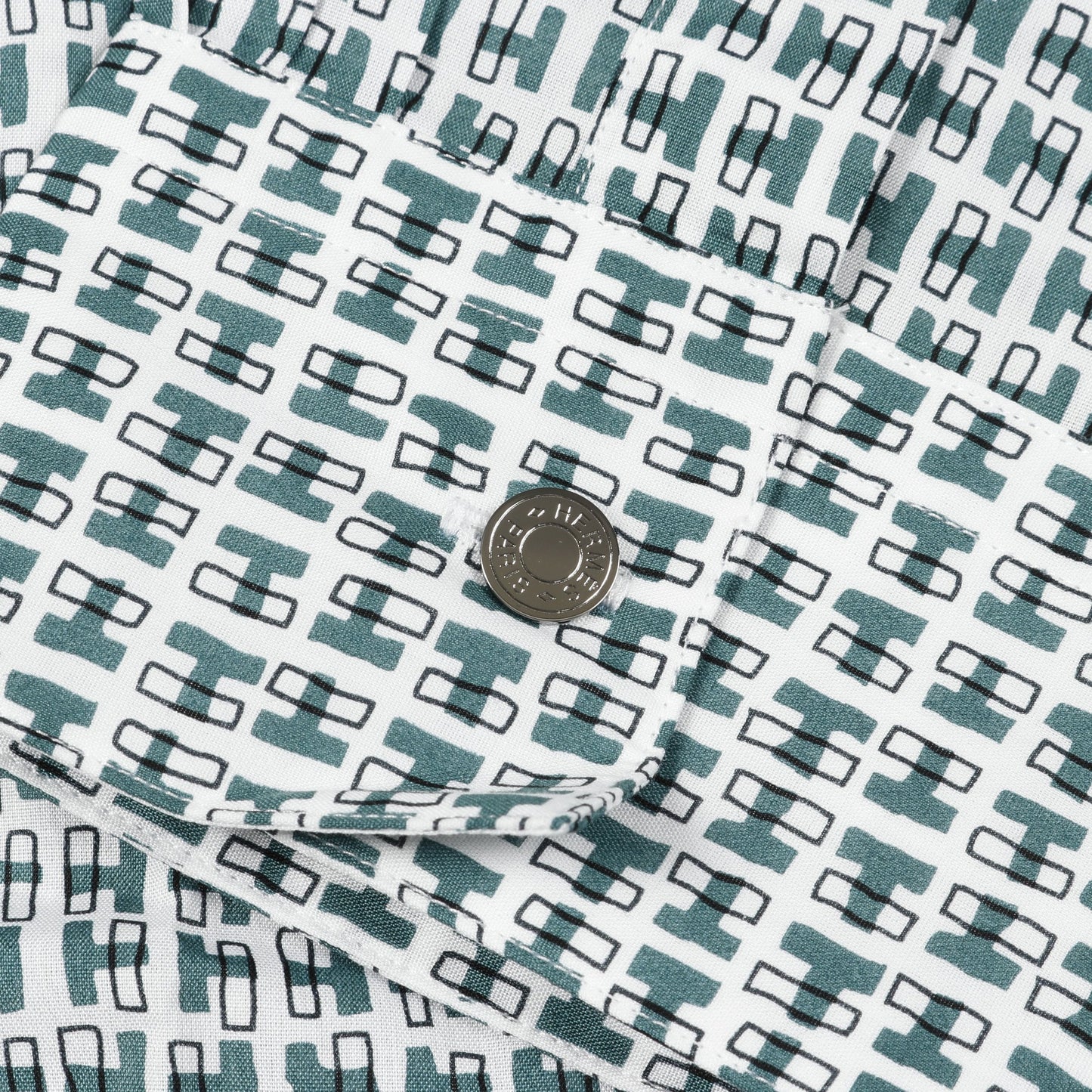 H柄 セリエボタン シャツ 長袖 コットン ホワイト グリーン エルメス トップス HERMES