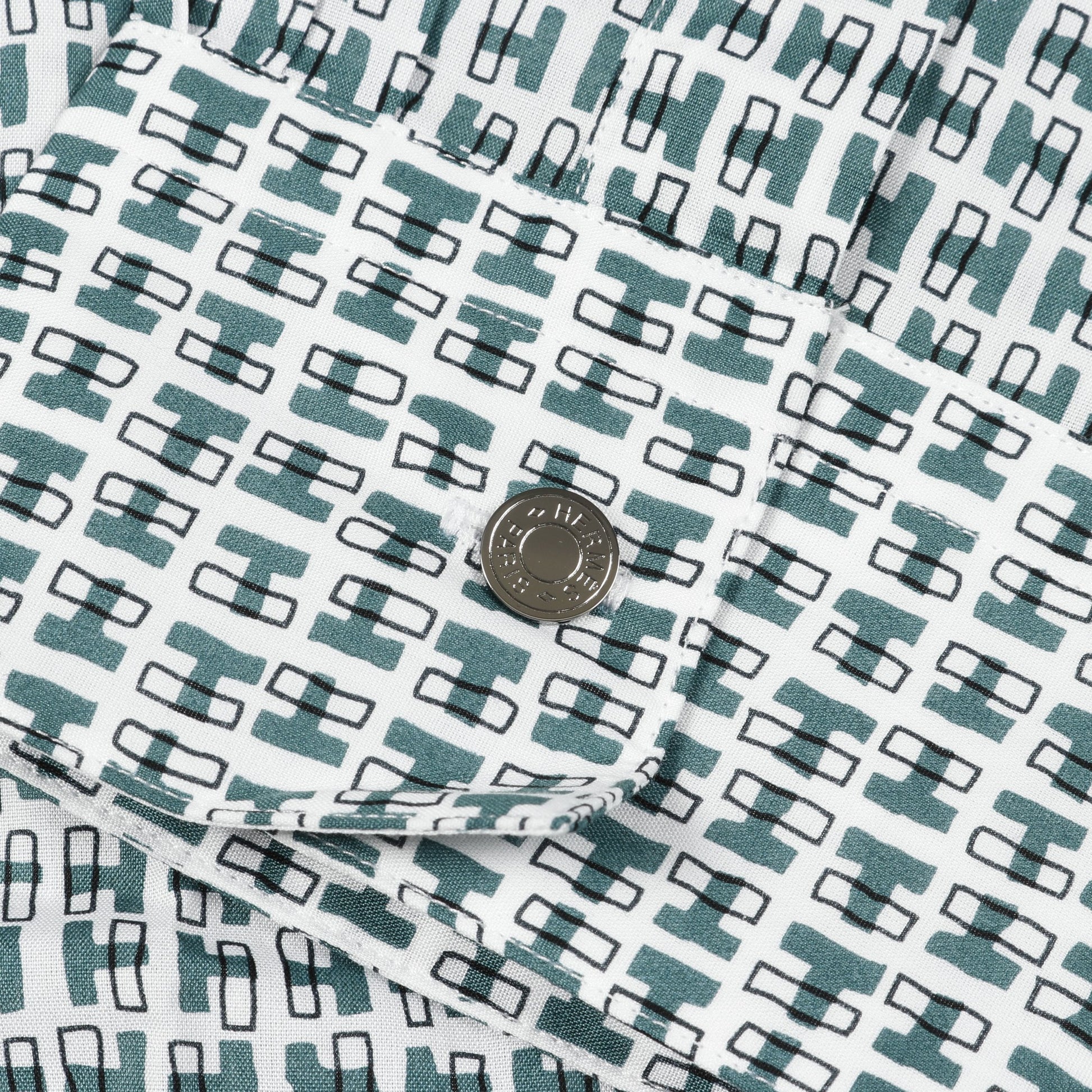 H柄 セリエボタン シャツ 長袖 コットン ホワイト グリーン エルメス トップス HERMES