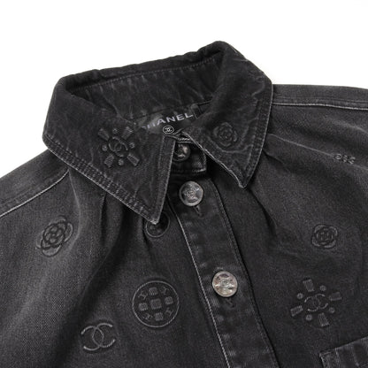 ココマーク カメリア デニムジャケット コットン ブラック エンボス加工 シャネル アウター CHANEL