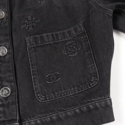 ココマーク カメリア デニムジャケット コットン ブラック エンボス加工 シャネル アウター CHANEL