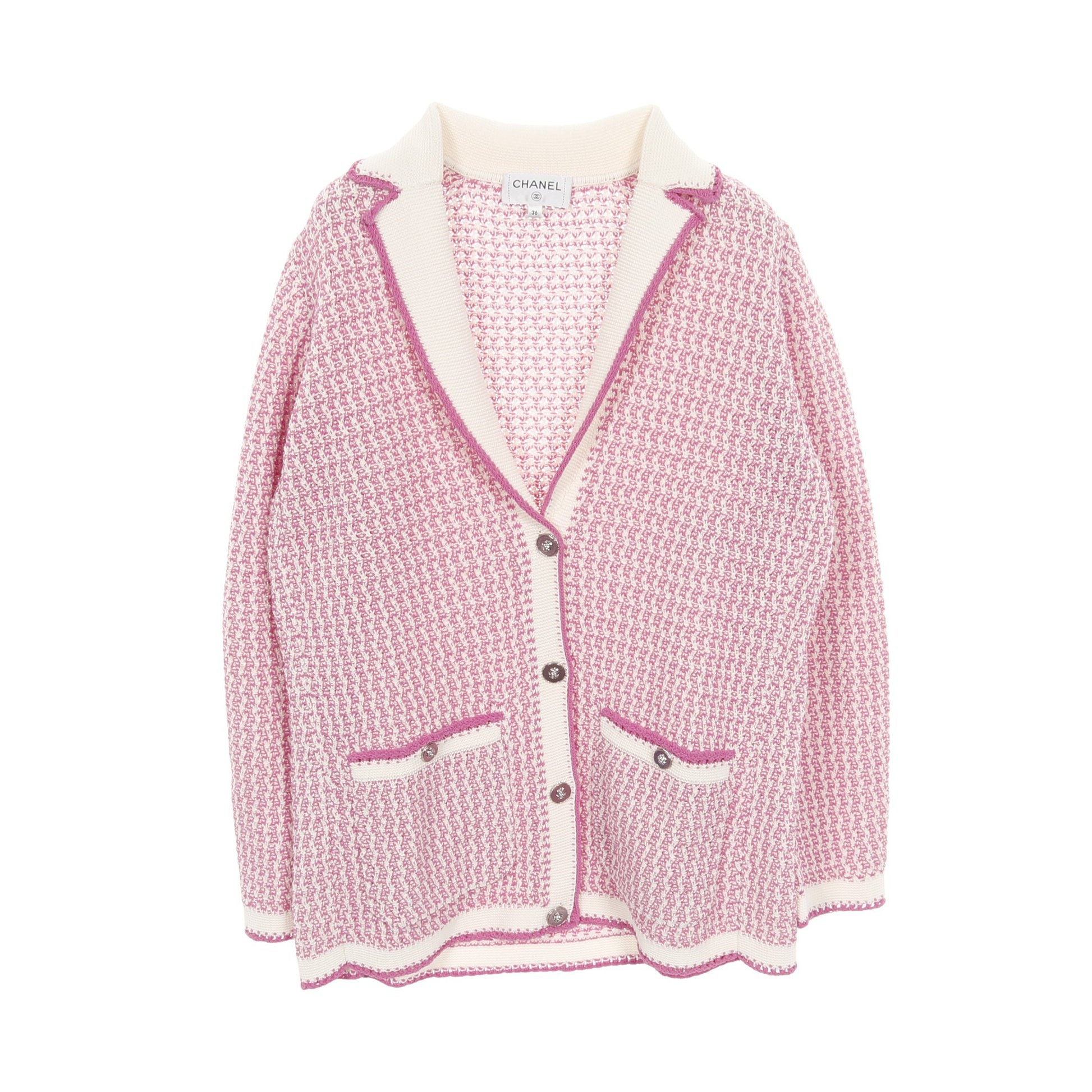 ライオンボタン ニットジャケット カーディガン コットン ピンクパープル オフホワイト シャネル トップス CHANEL