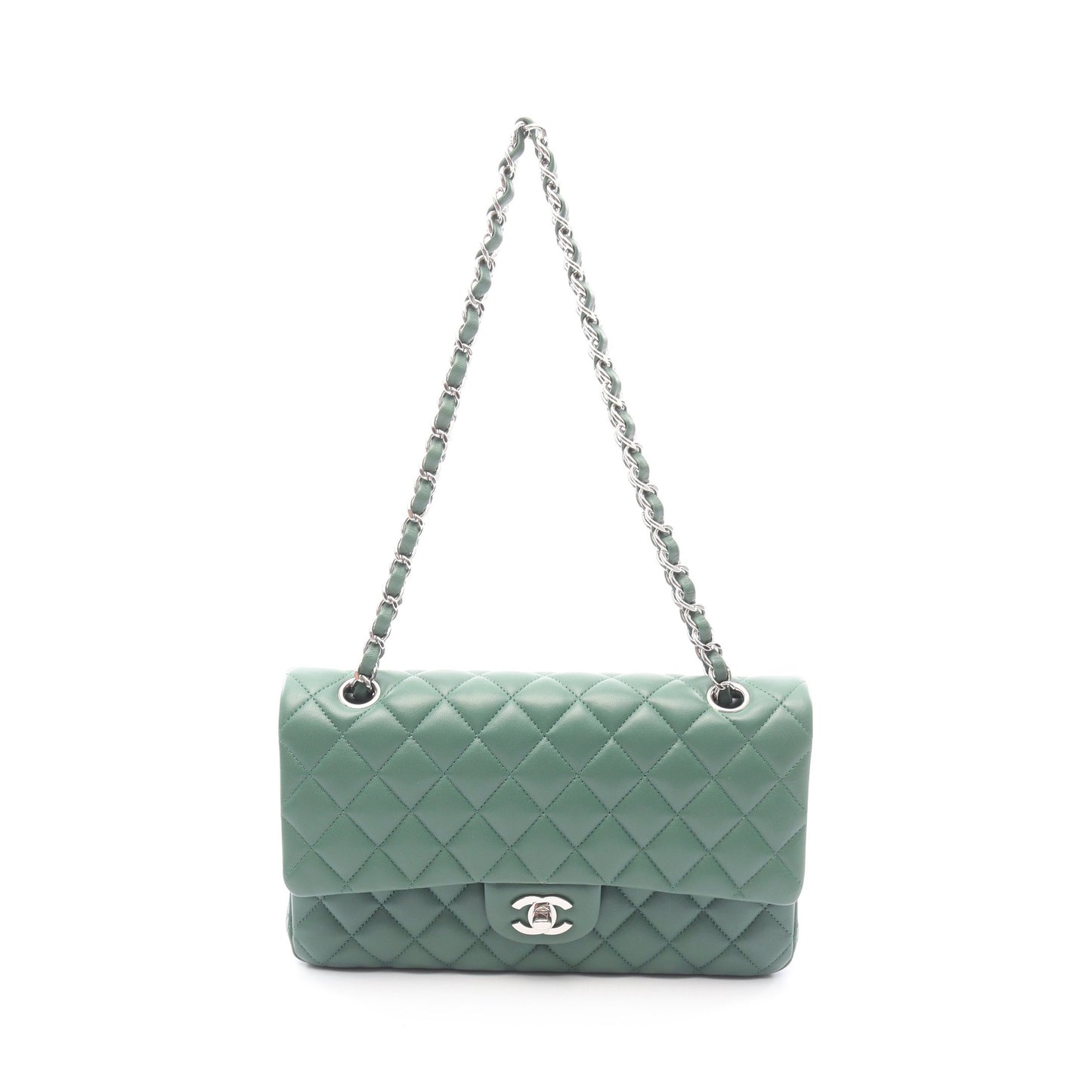 マトラッセ Wフラップ Wチェーンショルダーバッグ ラムスキン グリーン シルバー金具 シャネル バッグ CHANEL