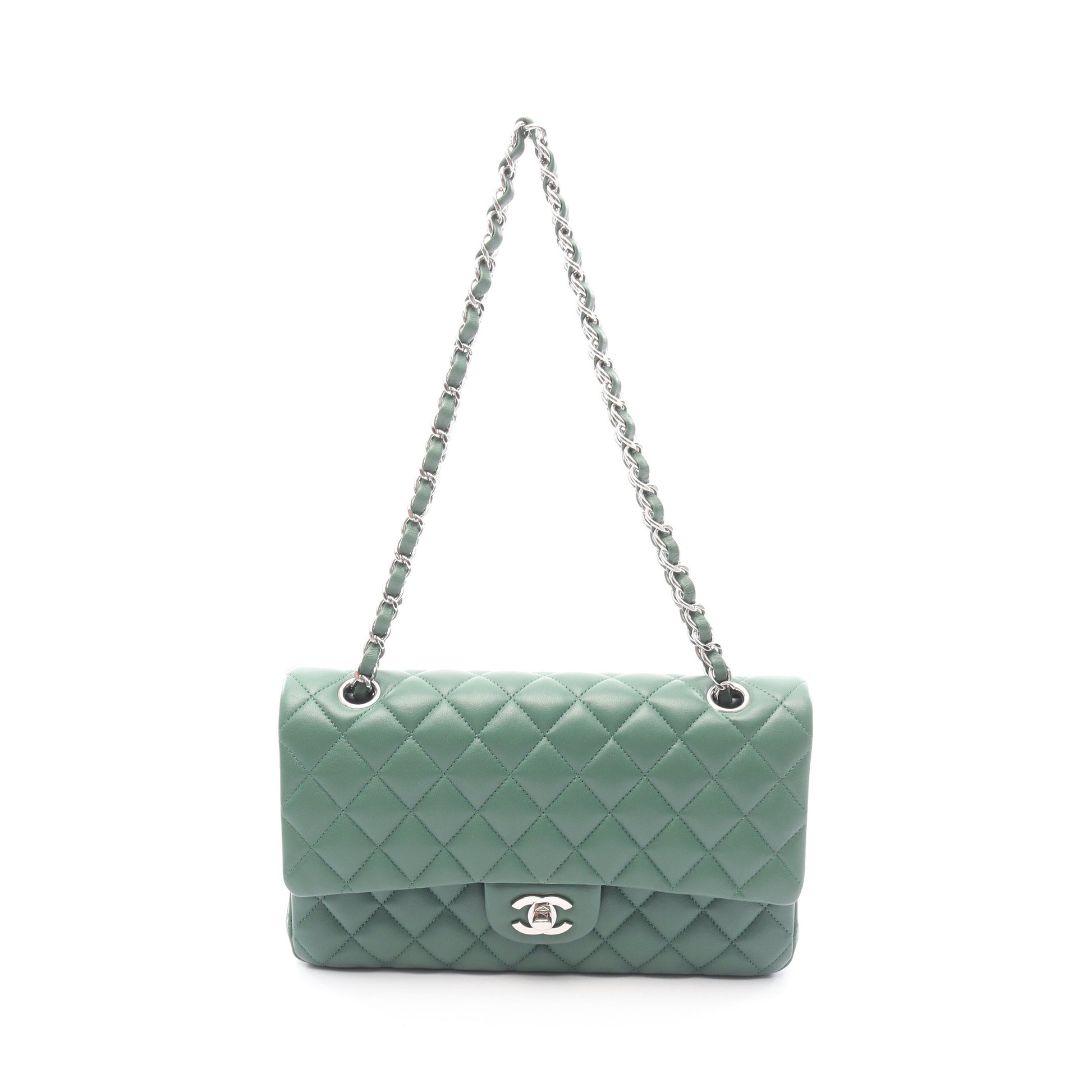 マトラッセ Wフラップ Wチェーンショルダーバッグ ラムスキン グリーン シルバー金具 シャネル バッグ CHANEL
