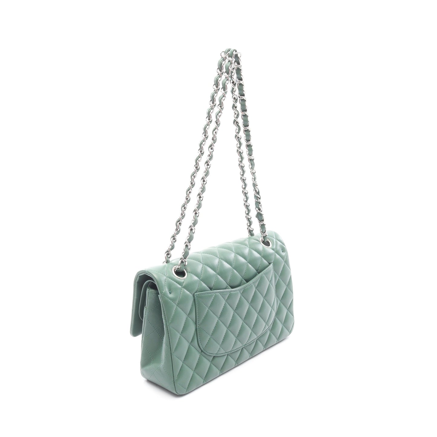 マトラッセ Wフラップ Wチェーンショルダーバッグ ラムスキン グリーン シルバー金具 シャネル バッグ CHANEL