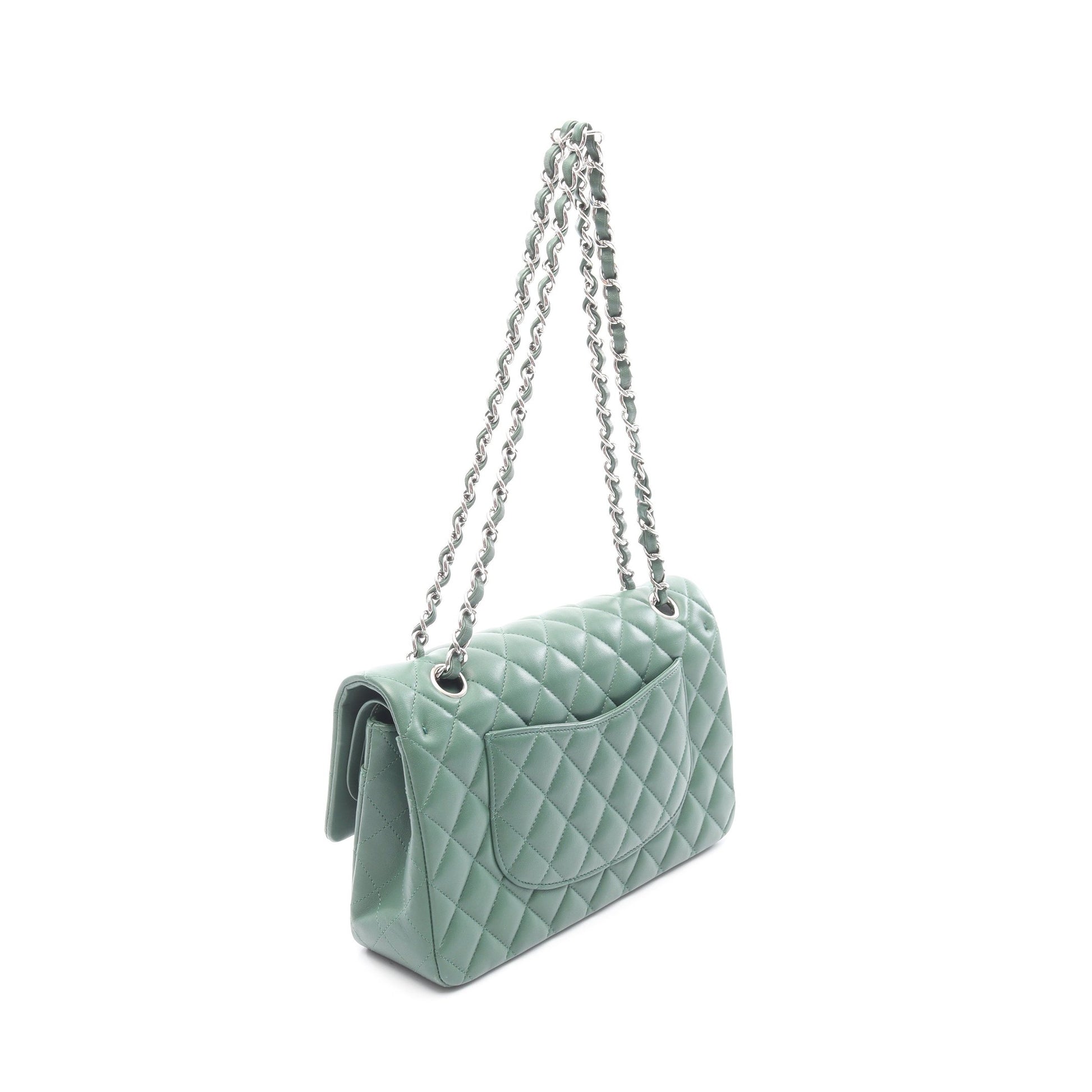 マトラッセ Wフラップ Wチェーンショルダーバッグ ラムスキン グリーン シルバー金具 シャネル バッグ CHANEL
