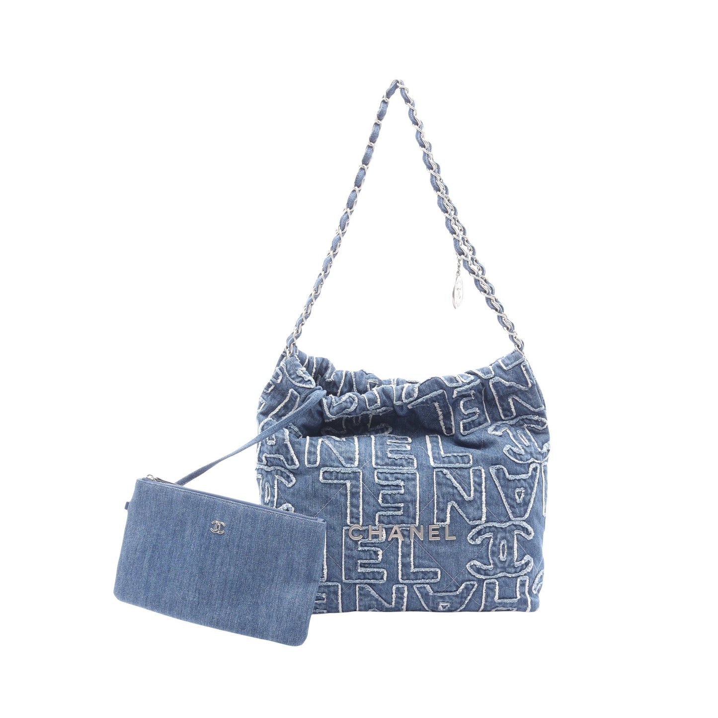 シャネル22 スモール チェーンショルダーバッグ デニム ブルー シルバー金具 シャネル バッグ CHANEL