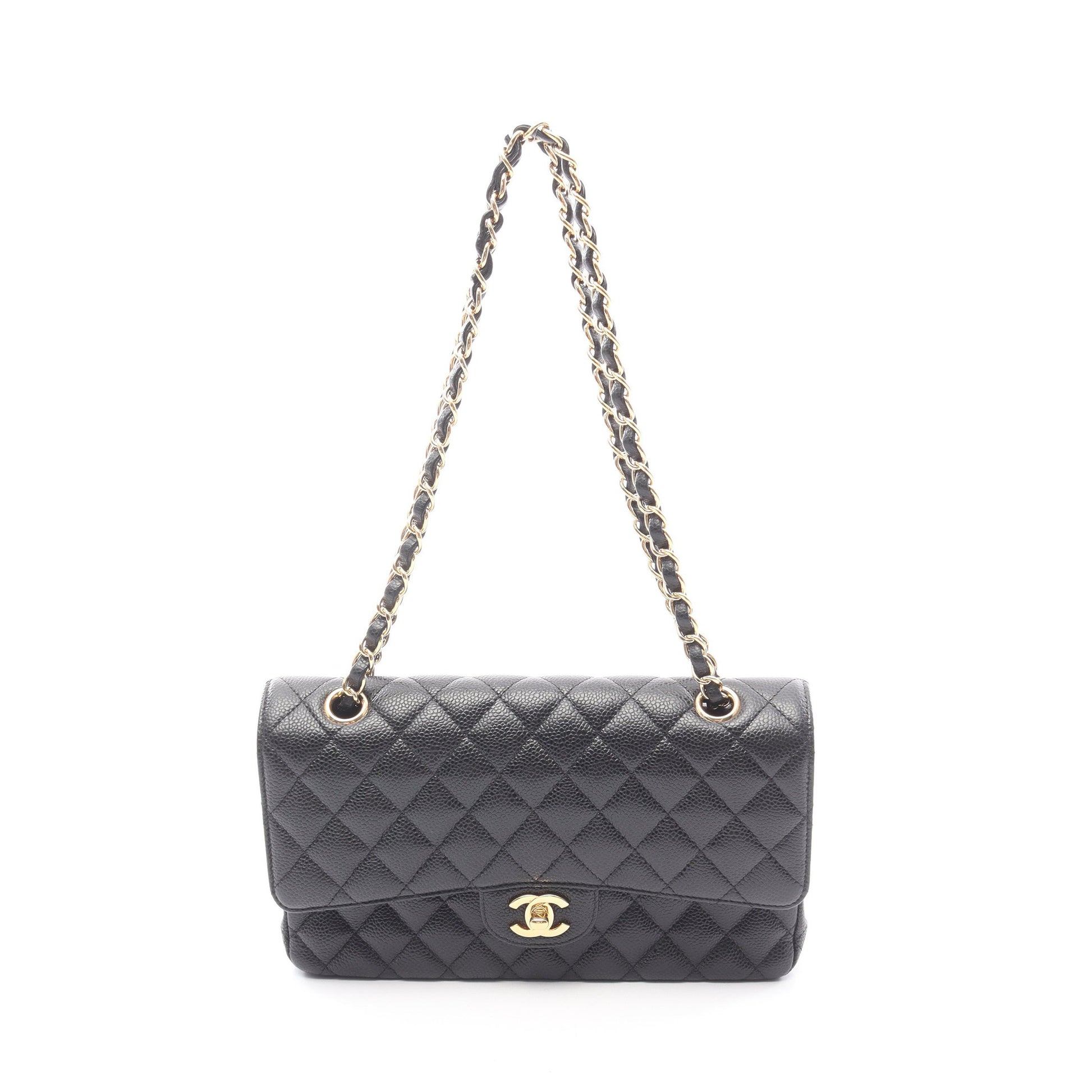 マトラッセ Wフラップ Wチェーンショルダーバッグ キャビアスキン ブラック ゴールド金具 シャネル バッグ CHANEL
