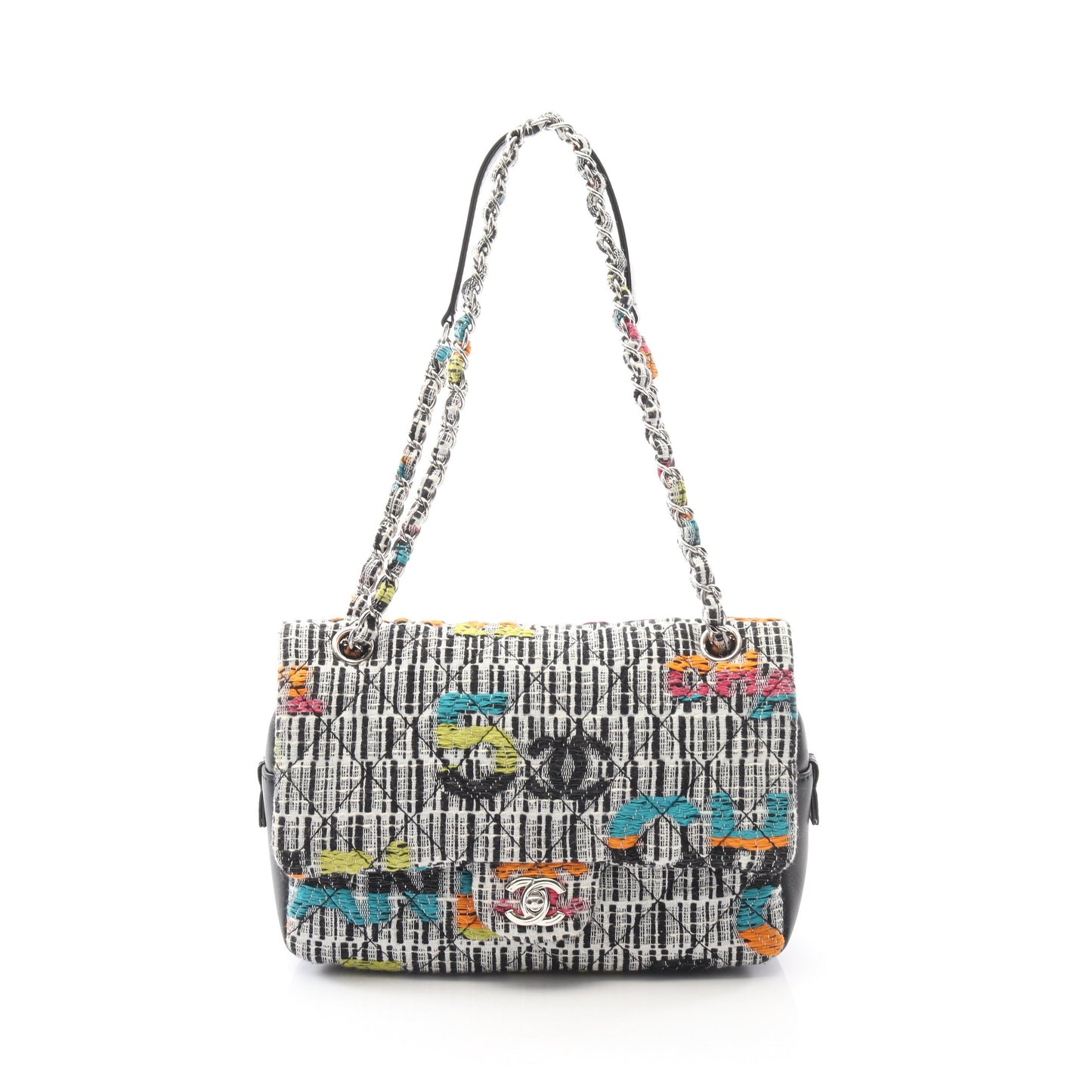マトラッセ チェーンショルダーバッグ ツイード レザー ホワイト ブラック マルチカラー シルバー金具 シャネル バッグ CHANEL