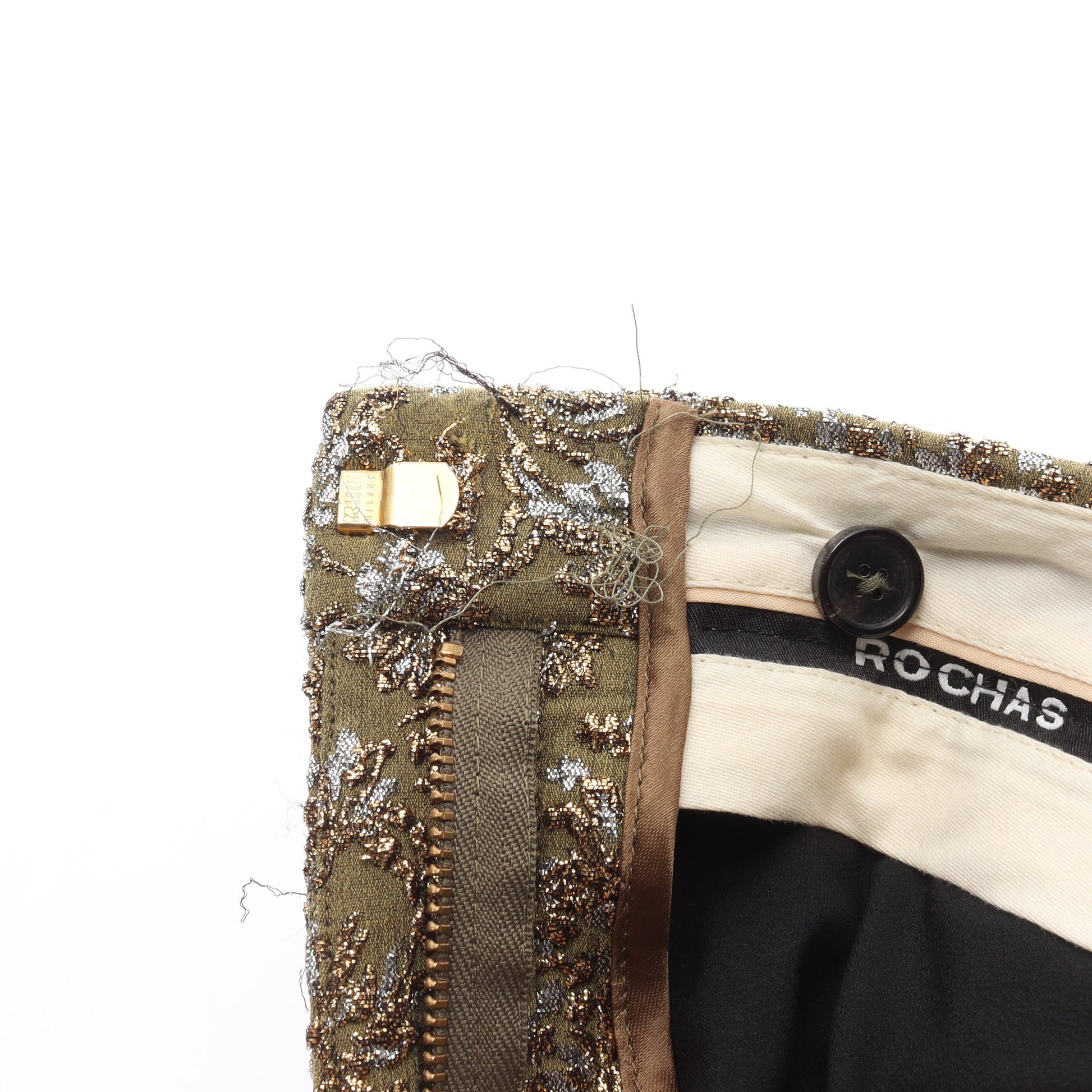 パンツ フラワー 刺繍 ナイロン カーキグリーン ゴールド ロシャス ボトムス ROCHAS