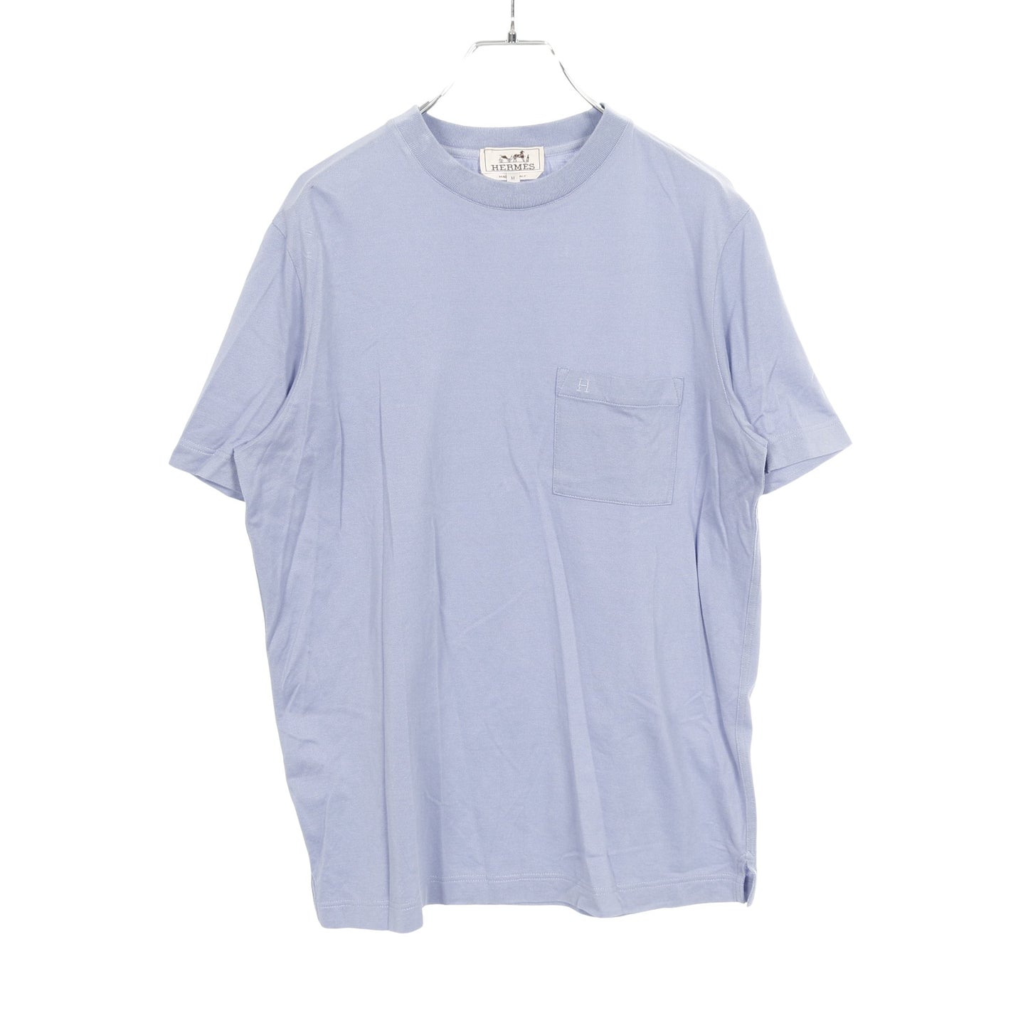 H刺繍ポケット付き Tシャツ クルーネック コットン ブルーグレー エルメス トップス HERMES