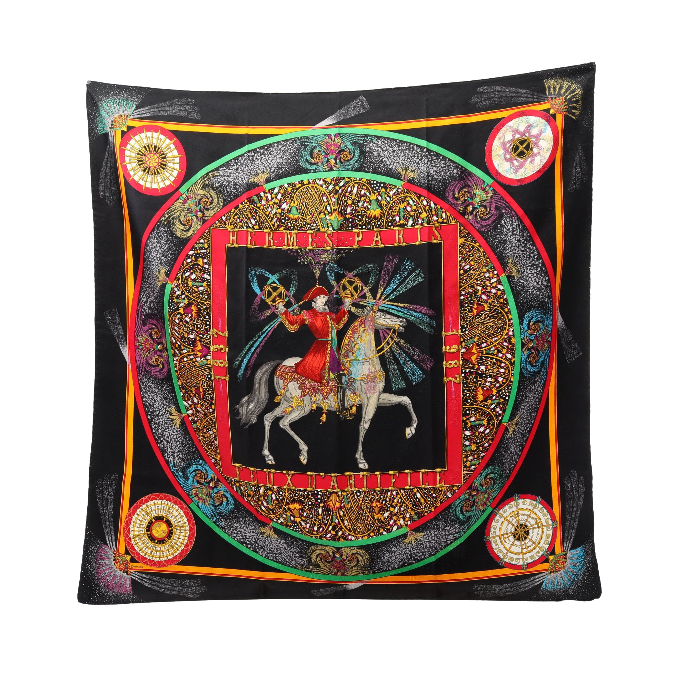 HERMES エルメス 150周年記念スカーフ カレ90 FEUX D'ARTIFICE 150周年記念 スカーフ シルク ブラック マルチ