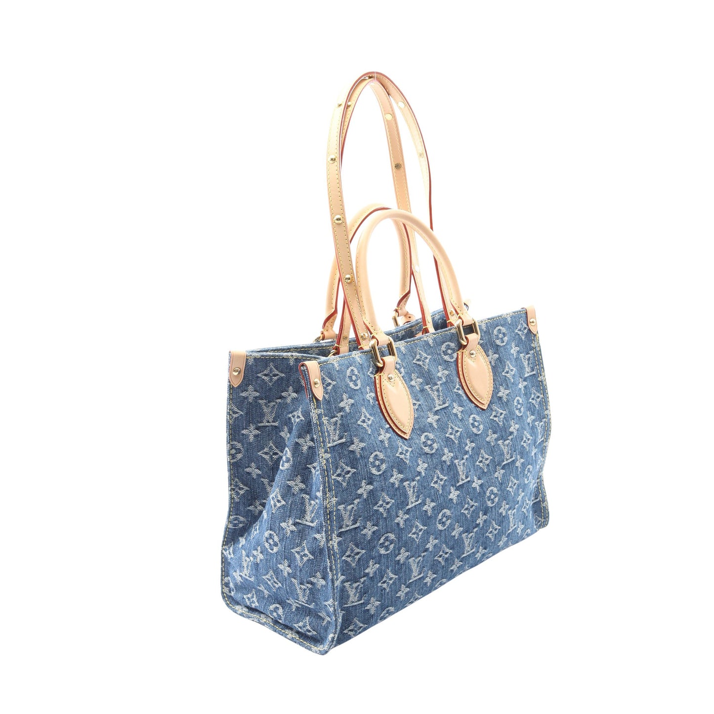 オンザゴーMM LVリミックス モノグラムデニム ショルダーバッグ トートバッグ デニム レザー ブルー ブラウン バッグ LOUIS VUITTON