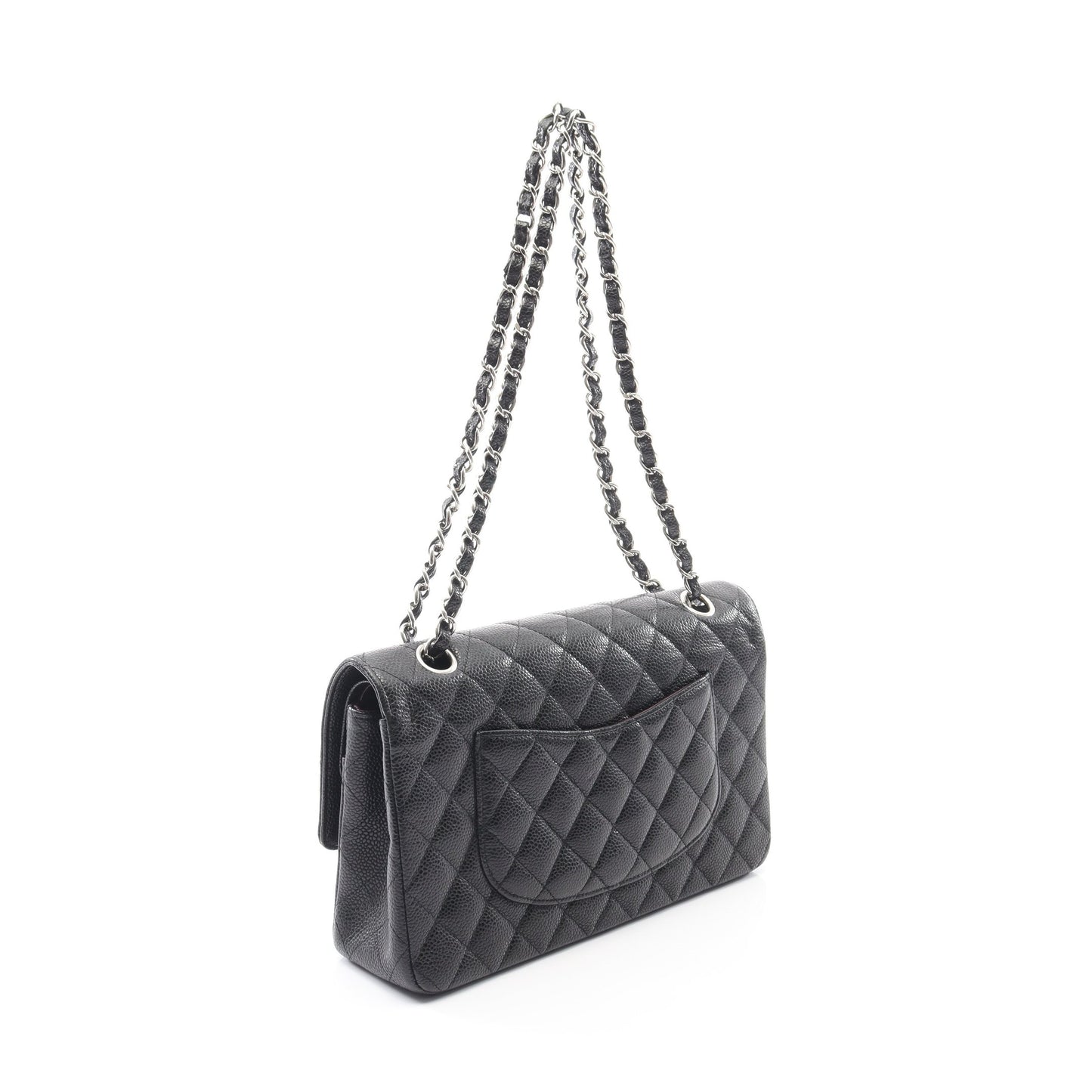 マトラッセ Wフラップ Wチェーンショルダーバッグ キャビアスキン ブラック シルバー金具 シャネル バッグ CHANEL