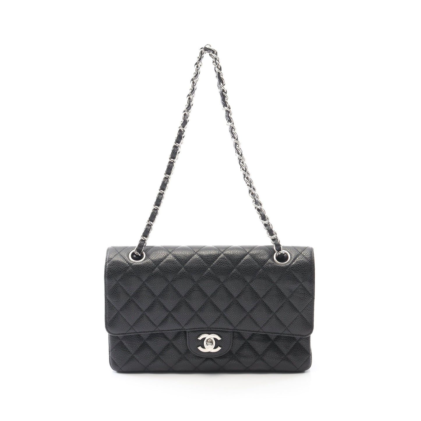 マトラッセ Wフラップ Wチェーンショルダーバッグ キャビアスキン ブラック シルバー金具 シャネル バッグ CHANEL