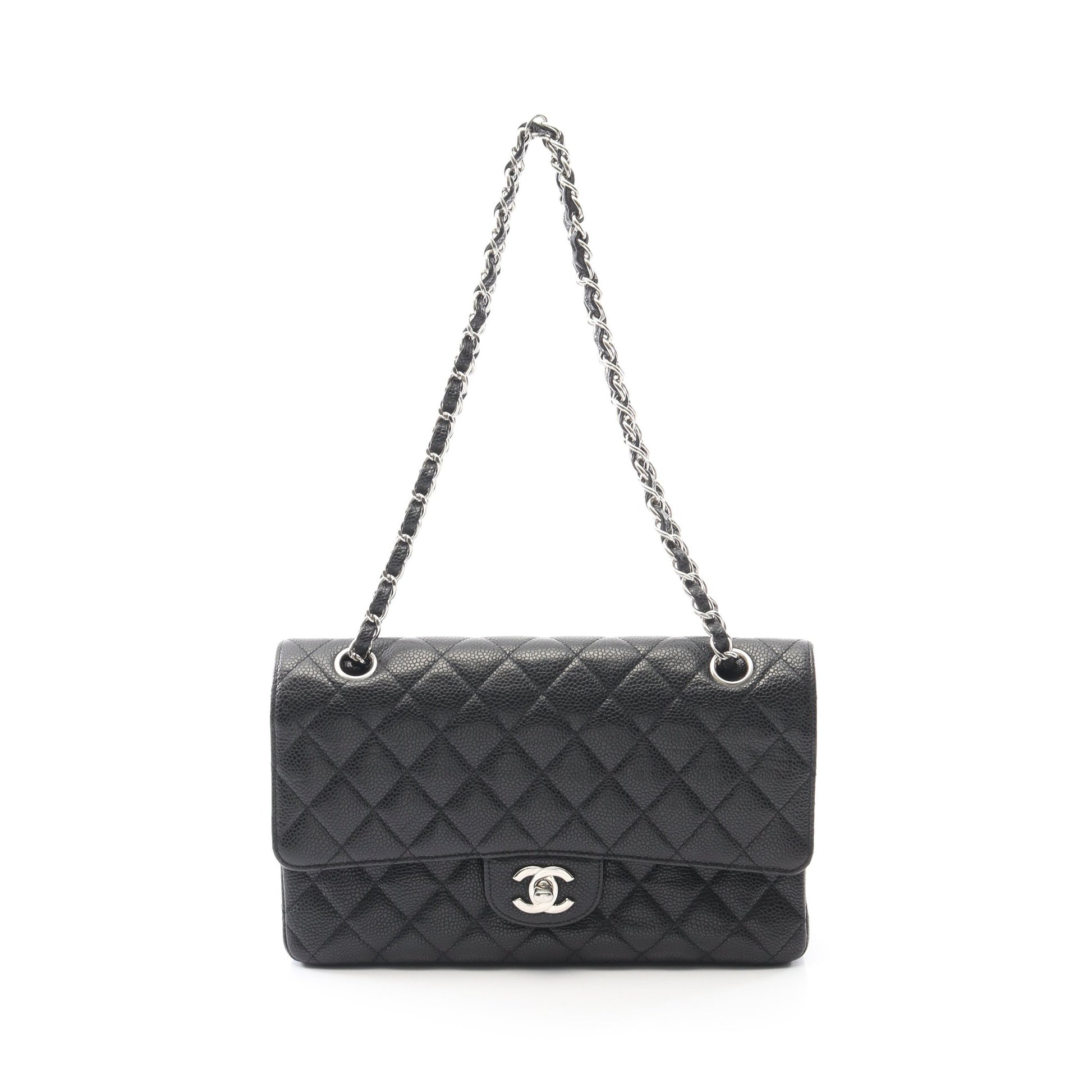 マトラッセ Wフラップ Wチェーンショルダーバッグ キャビアスキン ブラック シルバー金具 シャネル バッグ CHANEL