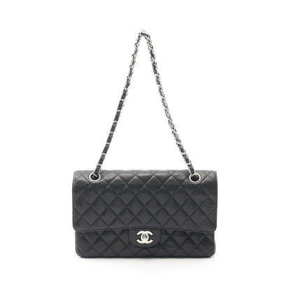 マトラッセ Wフラップ Wチェーンショルダーバッグ キャビアスキン ブラック シルバー金具 シャネル バッグ CHANEL