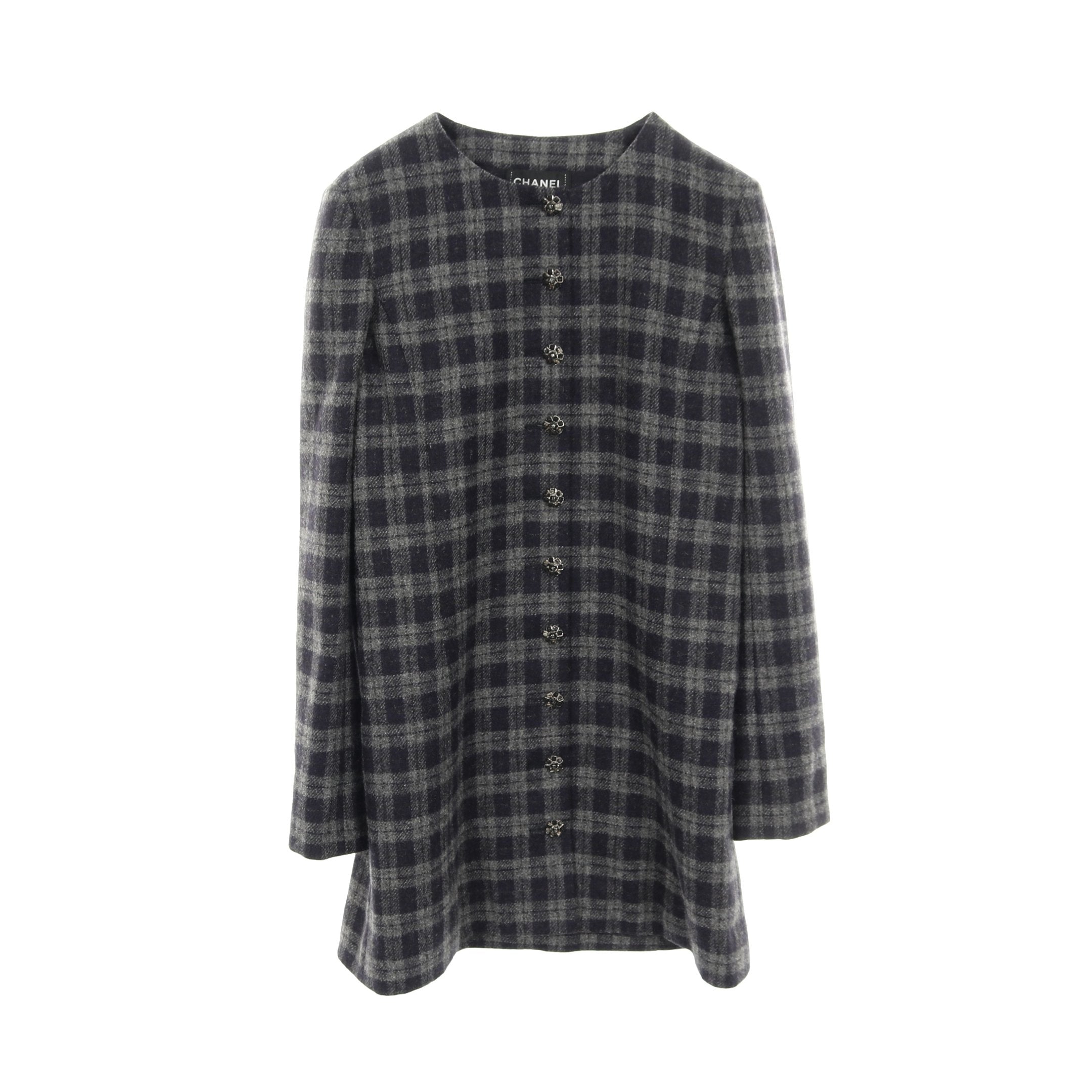 ココマークボタン ワンピース 長袖 チェック ウール グレー ネイビー