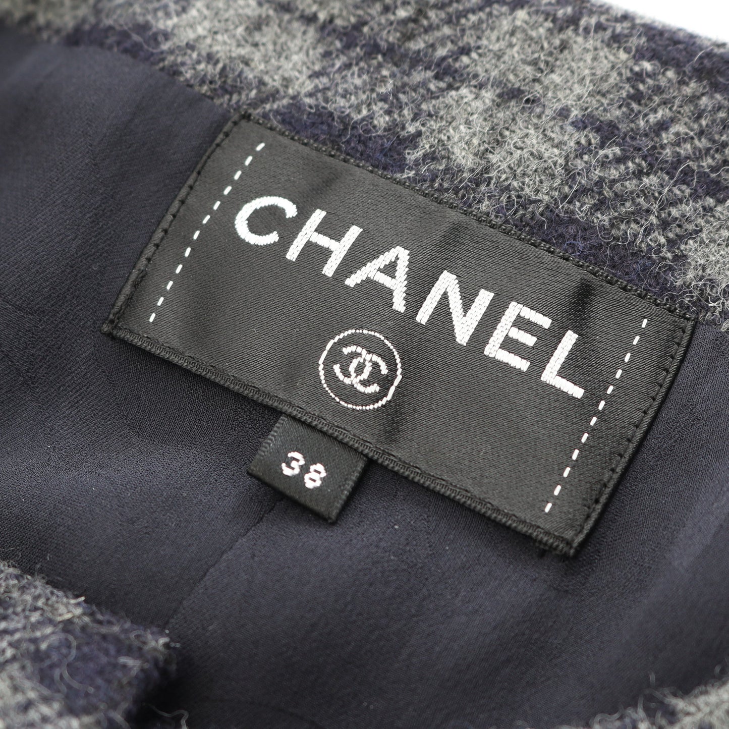 ココマークボタン ワンピース 長袖 チェック ウール グレー ネイビー シャネル ワンピース CHANEL