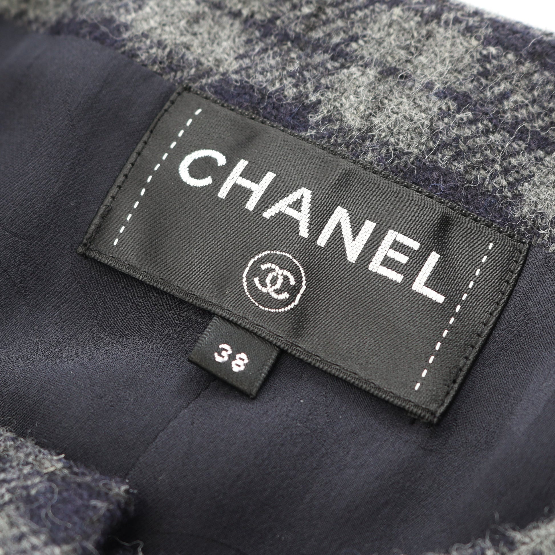 ココマークボタン ワンピース 長袖 チェック ウール グレー ネイビー シャネル ワンピース CHANEL