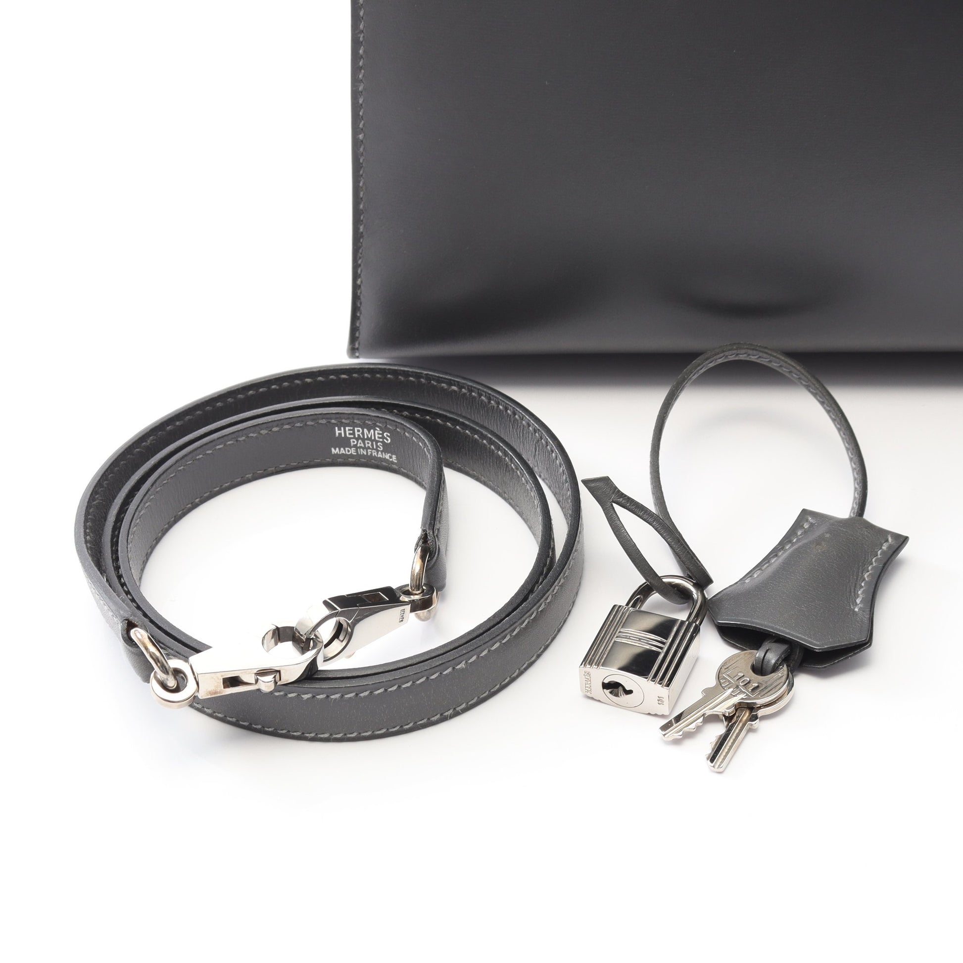 ケリー32 グラファイト ハンドバッグ ボックスカーフ グレー シルバー金具 外縫い 2WAY □D刻印 バッグ HERMES