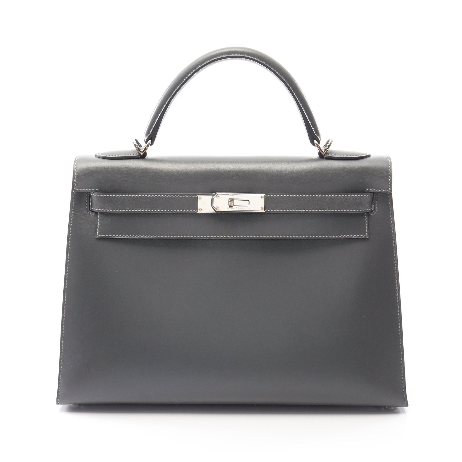 ケリー32 グラファイト ハンドバッグ ボックスカーフ グレー シルバー金具 外縫い 2WAY □D刻印 バッグ HERMES
