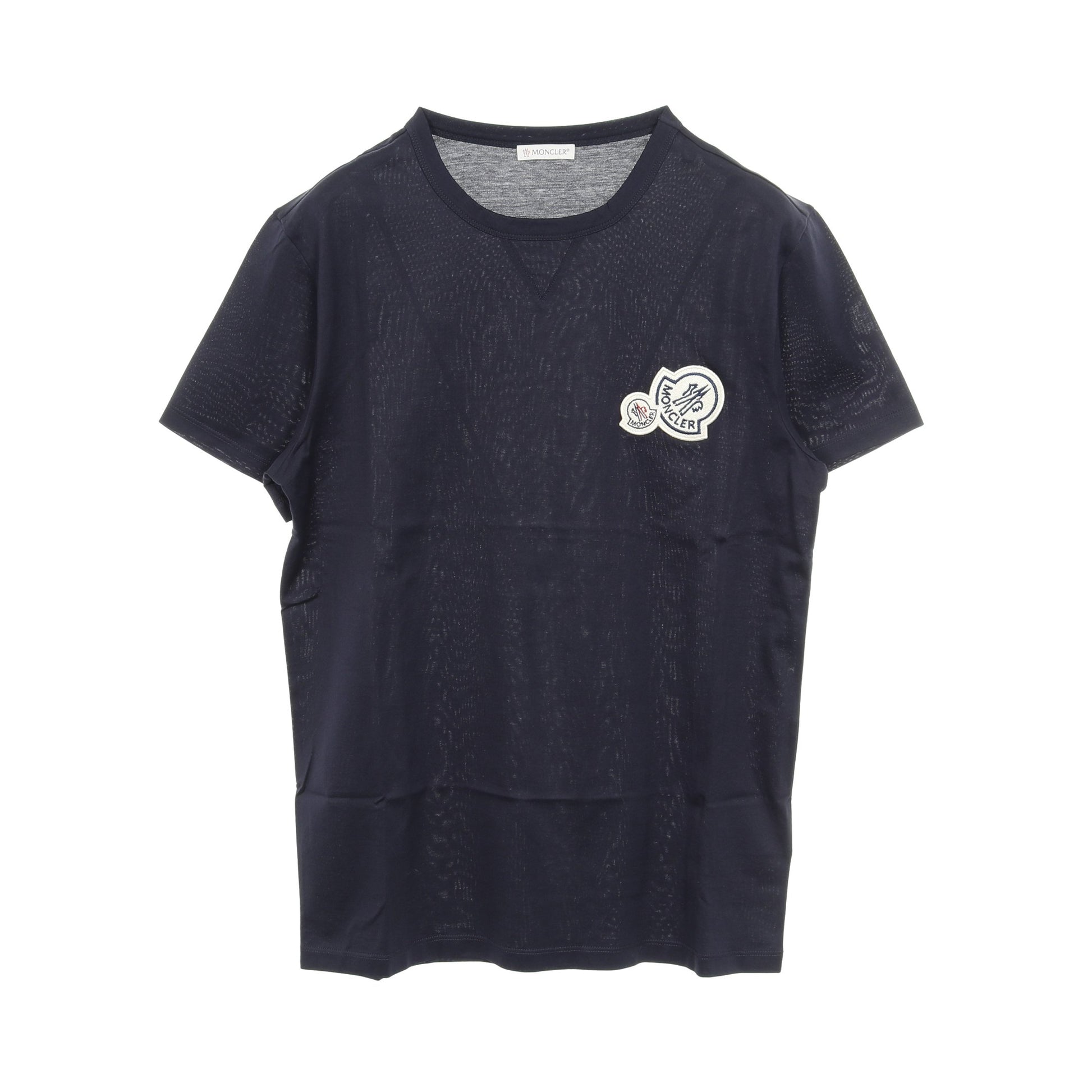 Tシャツ クルーネック 半袖 ダブルロゴ ワッペン コットン ネイビー 