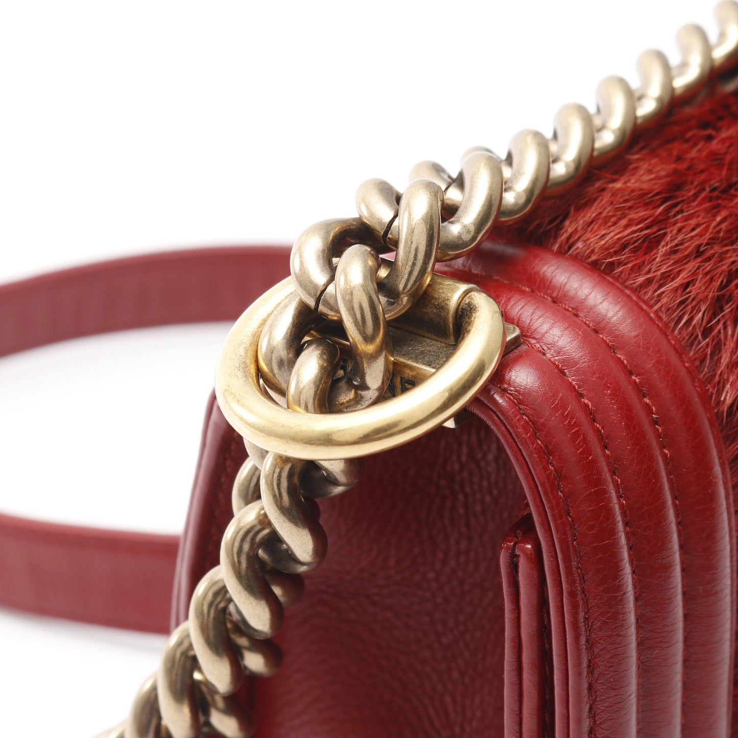 ボーイシャネル スモール チェーンショルダーバッグ レザー ファー レッド ゴールド金具 シャネル バッグ CHANEL
