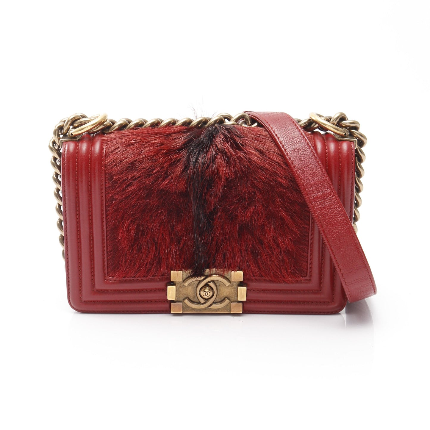 ボーイシャネル スモール チェーンショルダーバッグ レザー ファー レッド ゴールド金具 シャネル バッグ CHANEL
