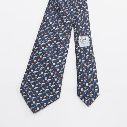 TENUE DE JOCKEY ネクタイ シルク ネイビー オレンジ エルメス 財布・小物 HERMES