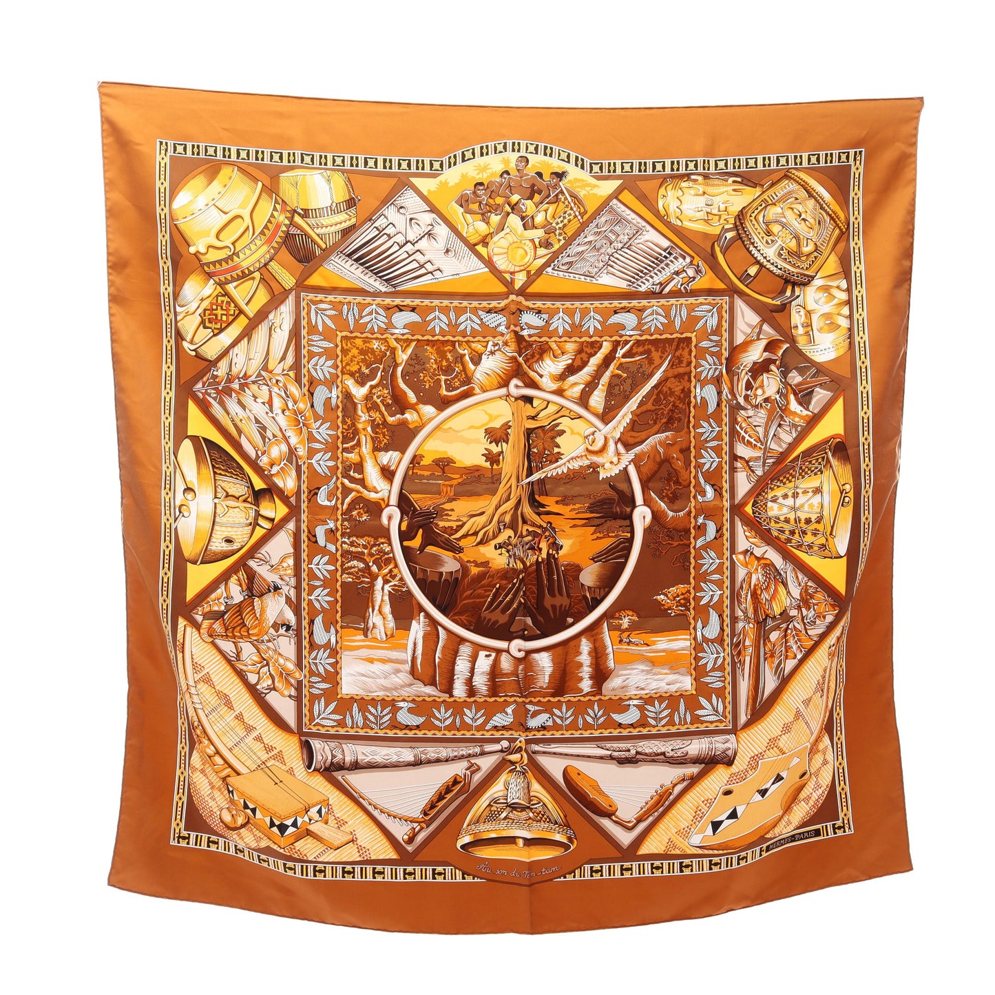 カレ90 Au son du Tam tam スカーフ シルク ブラウン マルチカラー エルメス 財布・小物 HERMES