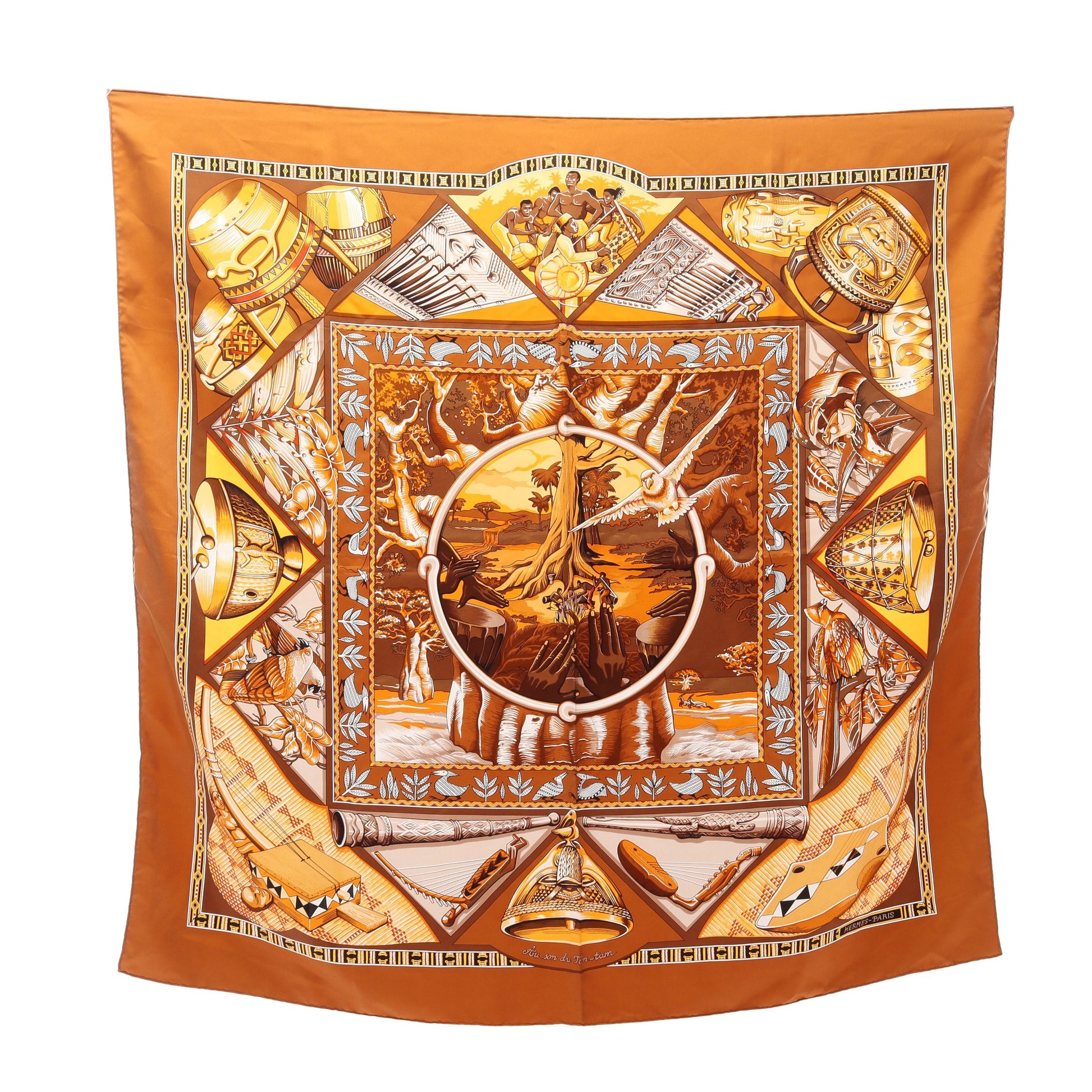 カレ90 Au son du Tam tam スカーフ シルク ブラウン マルチカラー エルメス 財布・小物 HERMES