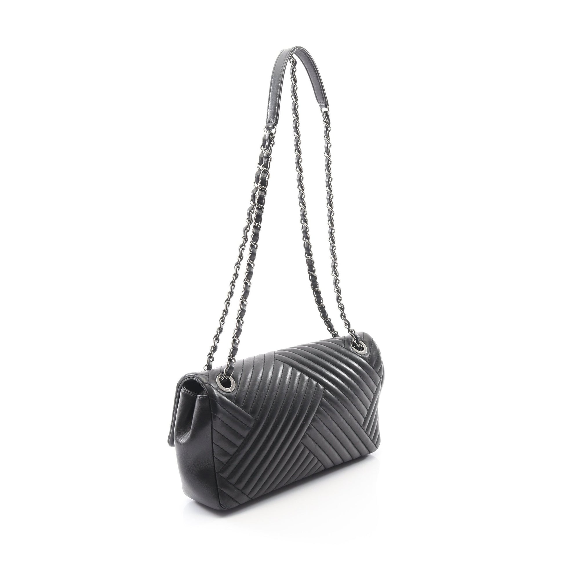 バイアスステッチ Wチェーンショルダーバッグ ラムスキン ブラック シルバー金具 シャネル バッグ CHANEL