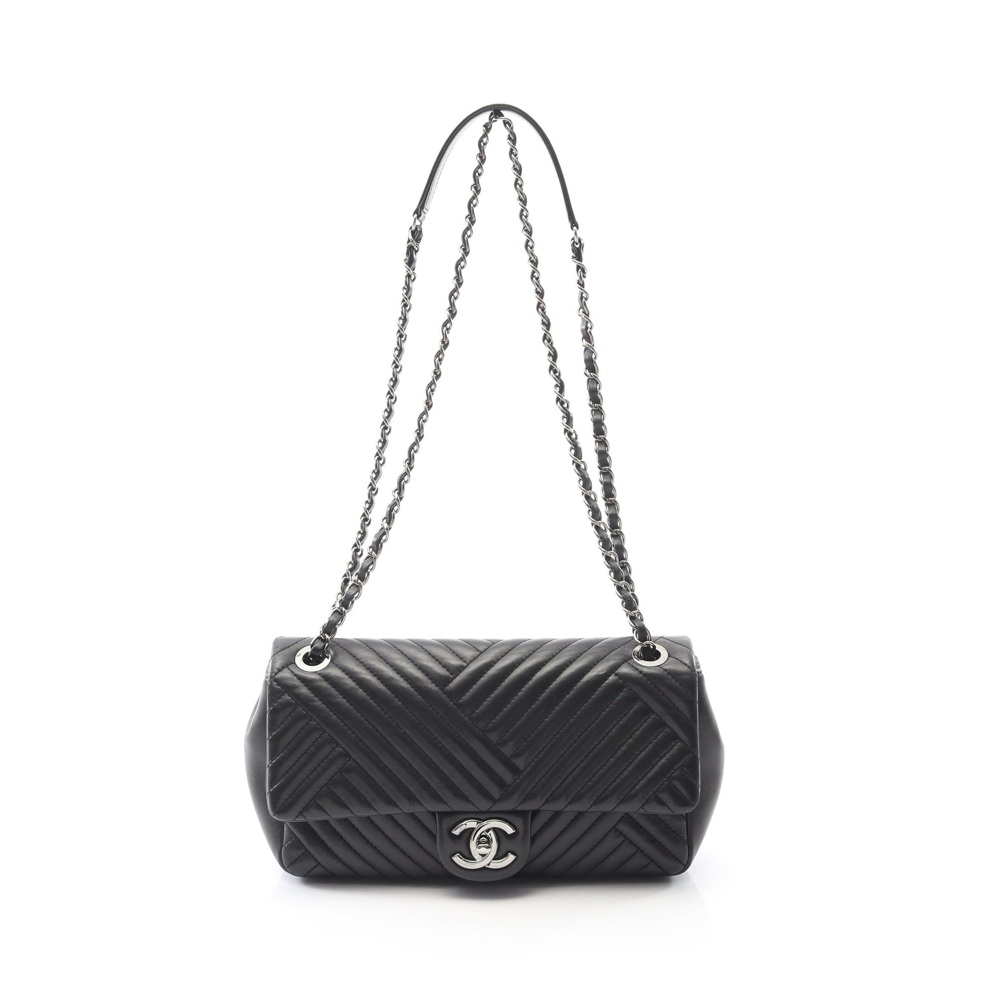 バイアスステッチ Wチェーンショルダーバッグ ラムスキン ブラック シルバー金具 シャネル バッグ CHANEL