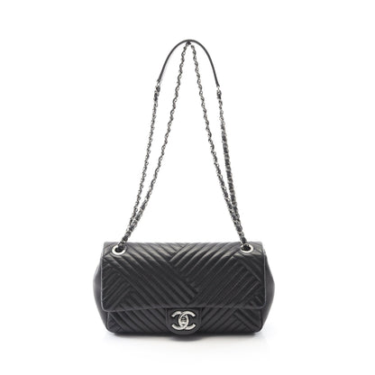 バイアスステッチ Wチェーンショルダーバッグ ラムスキン ブラック シルバー金具 シャネル バッグ CHANEL