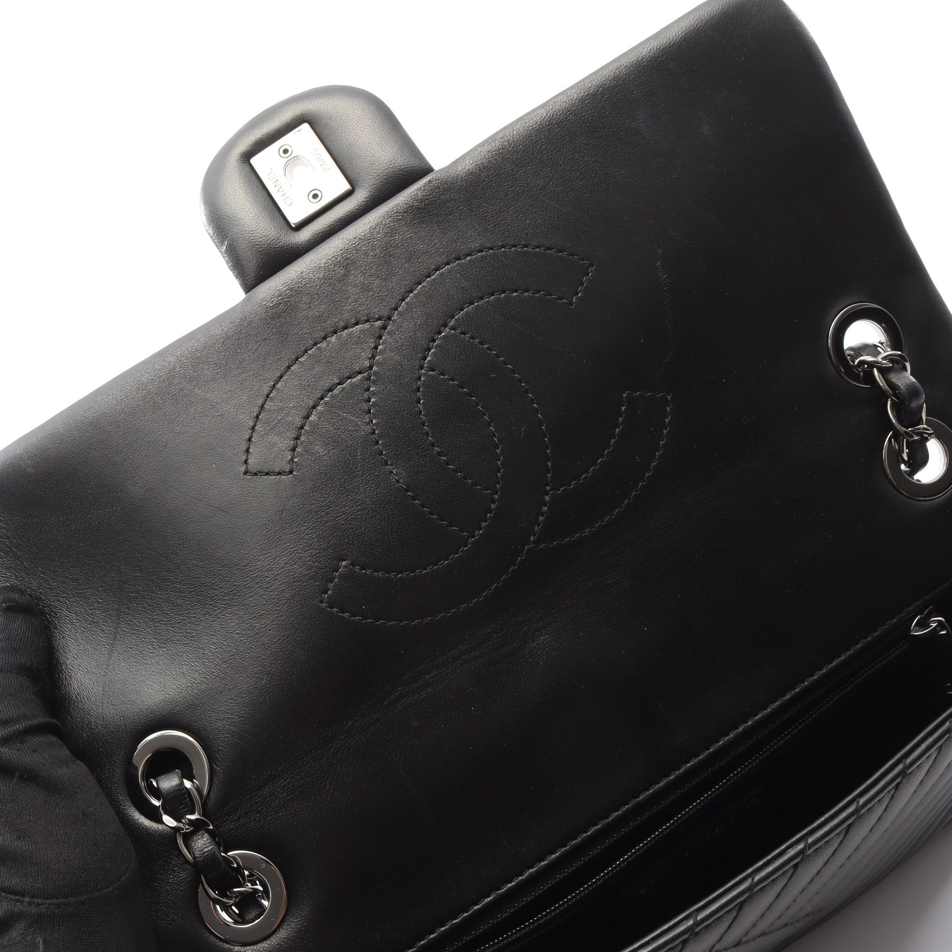バイアスステッチ Wチェーンショルダーバッグ ラムスキン ブラック シルバー金具 シャネル バッグ CHANEL
