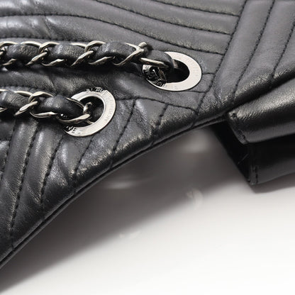 バイアスステッチ Wチェーンショルダーバッグ ラムスキン ブラック シルバー金具 シャネル バッグ CHANEL