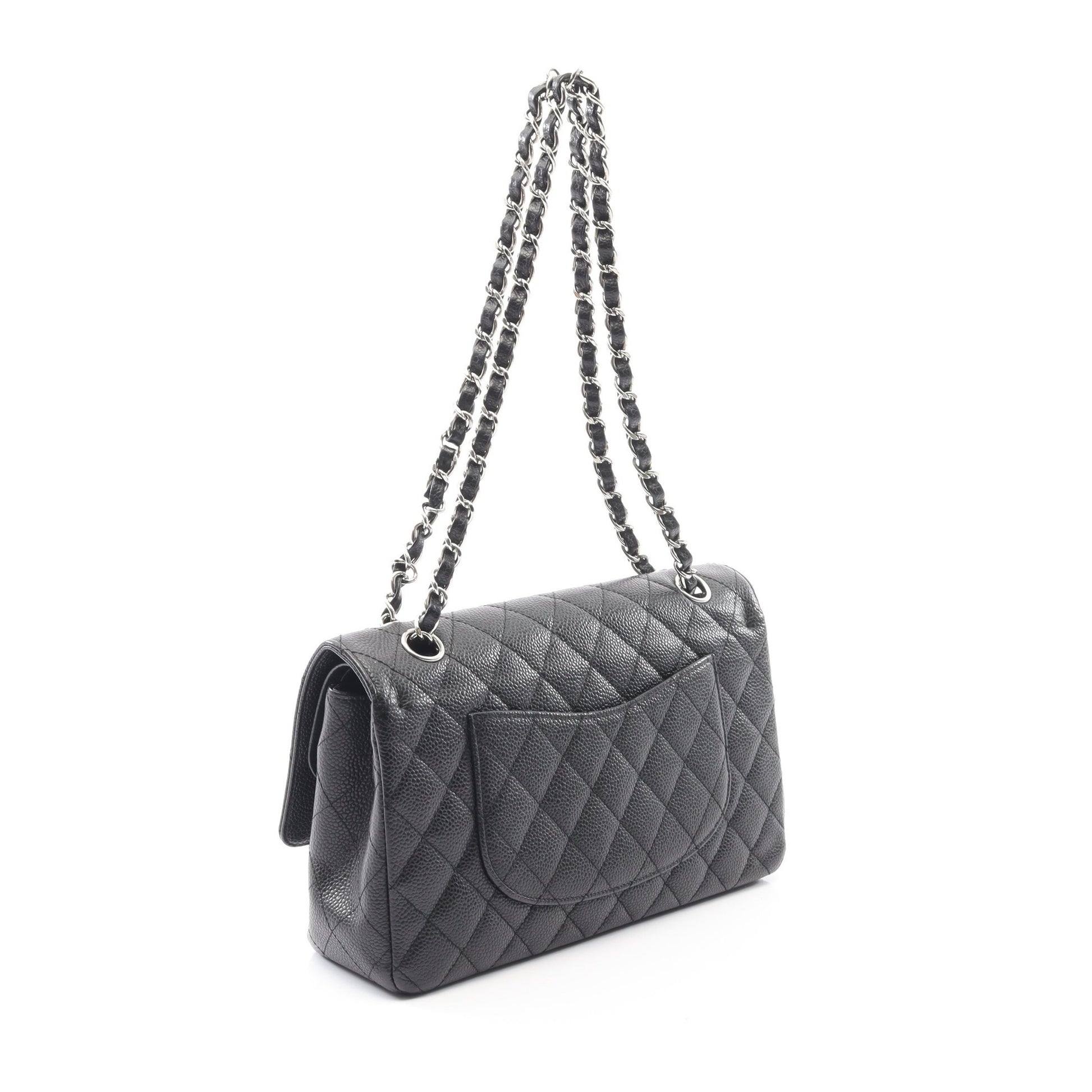 マトラッセ Wフラップ Wチェーンショルダーバッグ キャビアスキン ブラック シルバー金具 シャネル バッグ CHANEL