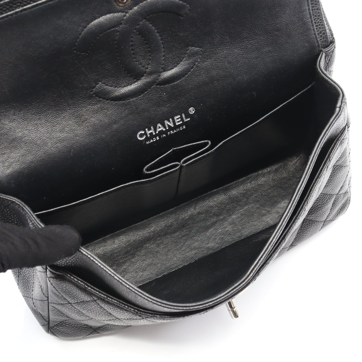 マトラッセ Wフラップ Wチェーンショルダーバッグ キャビアスキン ブラック シルバー金具 シャネル バッグ CHANEL