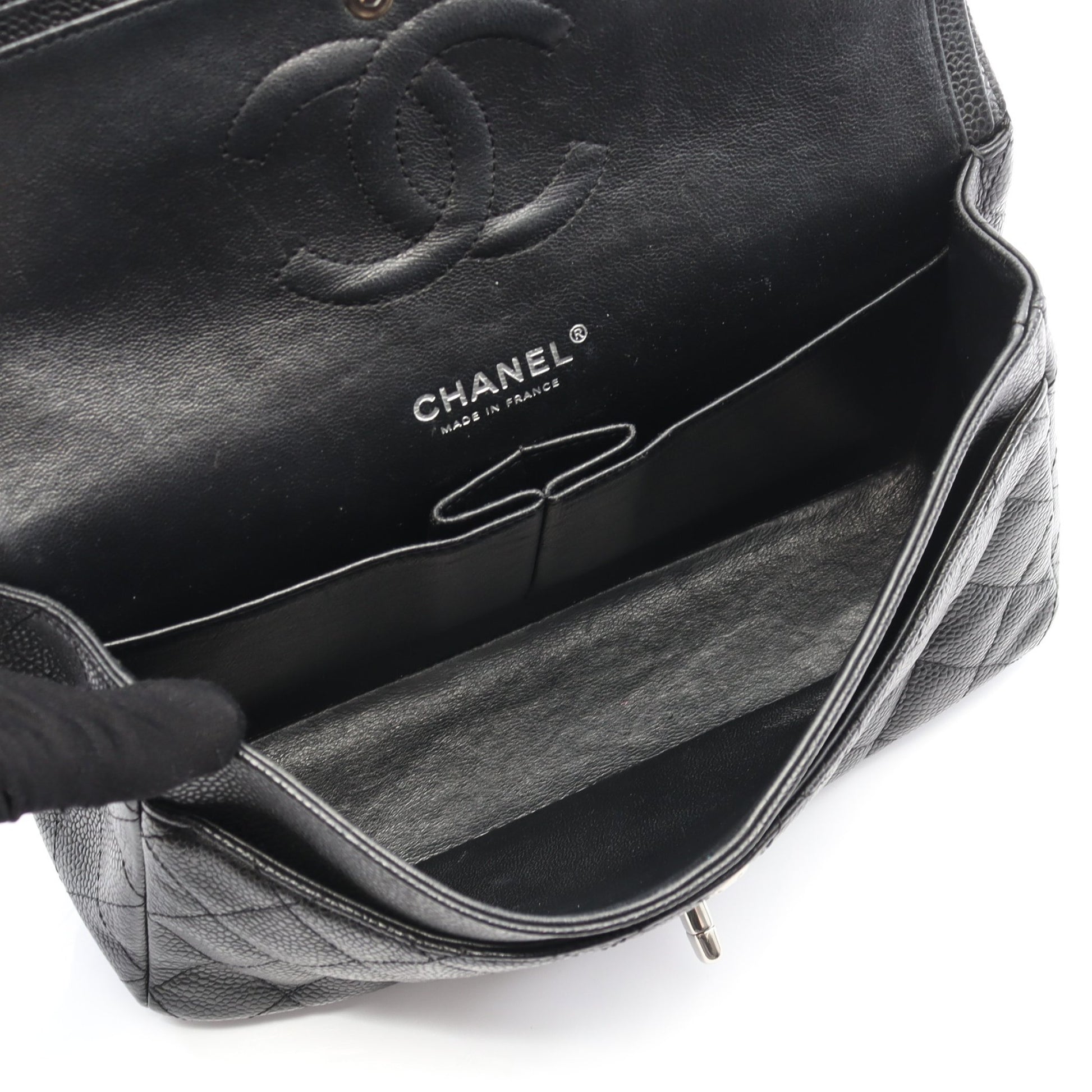 マトラッセ Wフラップ Wチェーンショルダーバッグ キャビアスキン ブラック シルバー金具 シャネル バッグ CHANEL