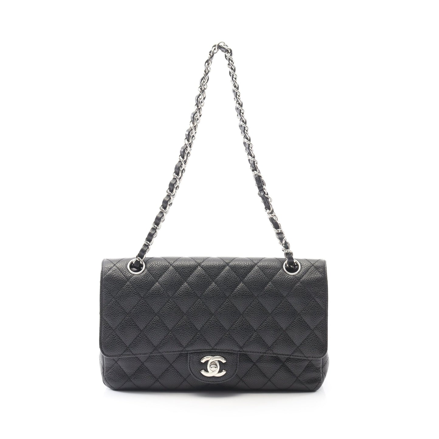 マトラッセ Wフラップ Wチェーンショルダーバッグ キャビアスキン ブラック シルバー金具 シャネル バッグ CHANEL