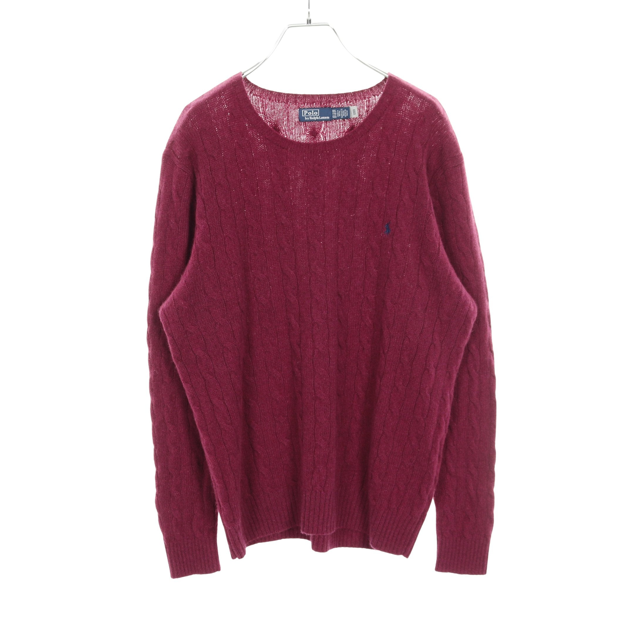 ケーブル ニット クルーネック ウール カシミヤ ダークパープル ポロ